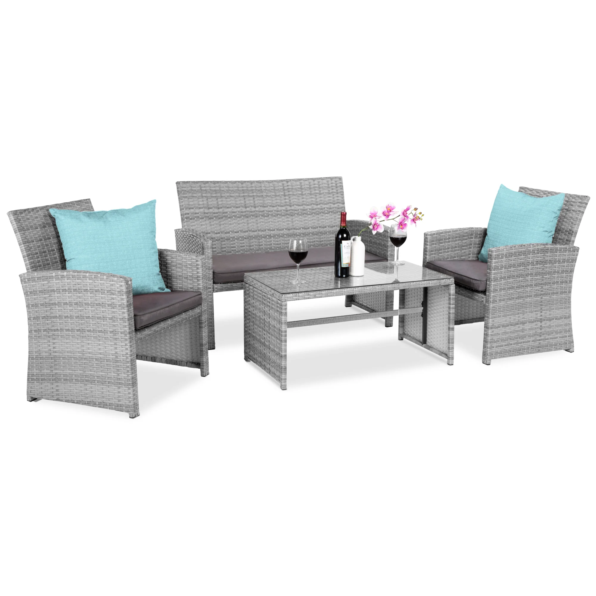 4-Piece Outdoor Wicker Conversation Patio Set w/ 4 Seats, Glass Table Top - Image 120