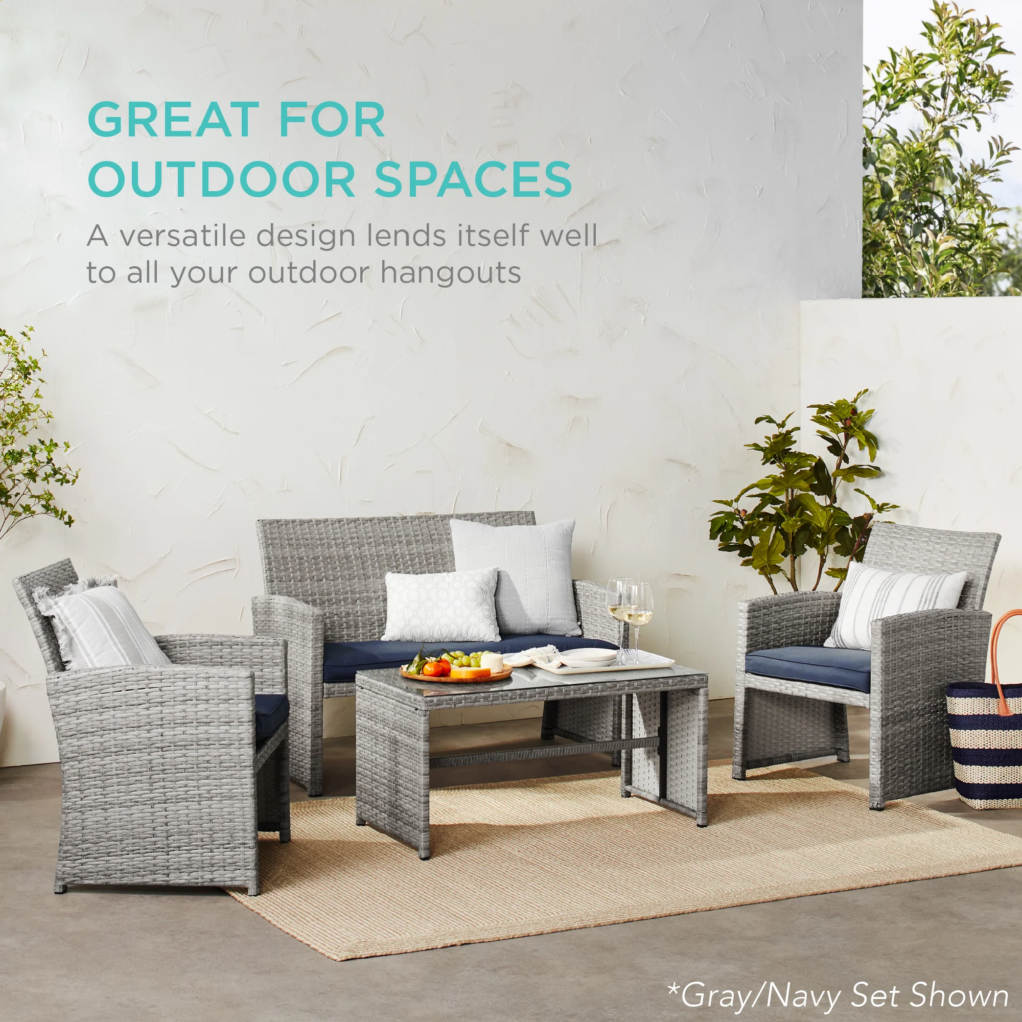 4-Piece Outdoor Wicker Conversation Patio Set w/ 4 Seats, Glass Table Top - Image 132