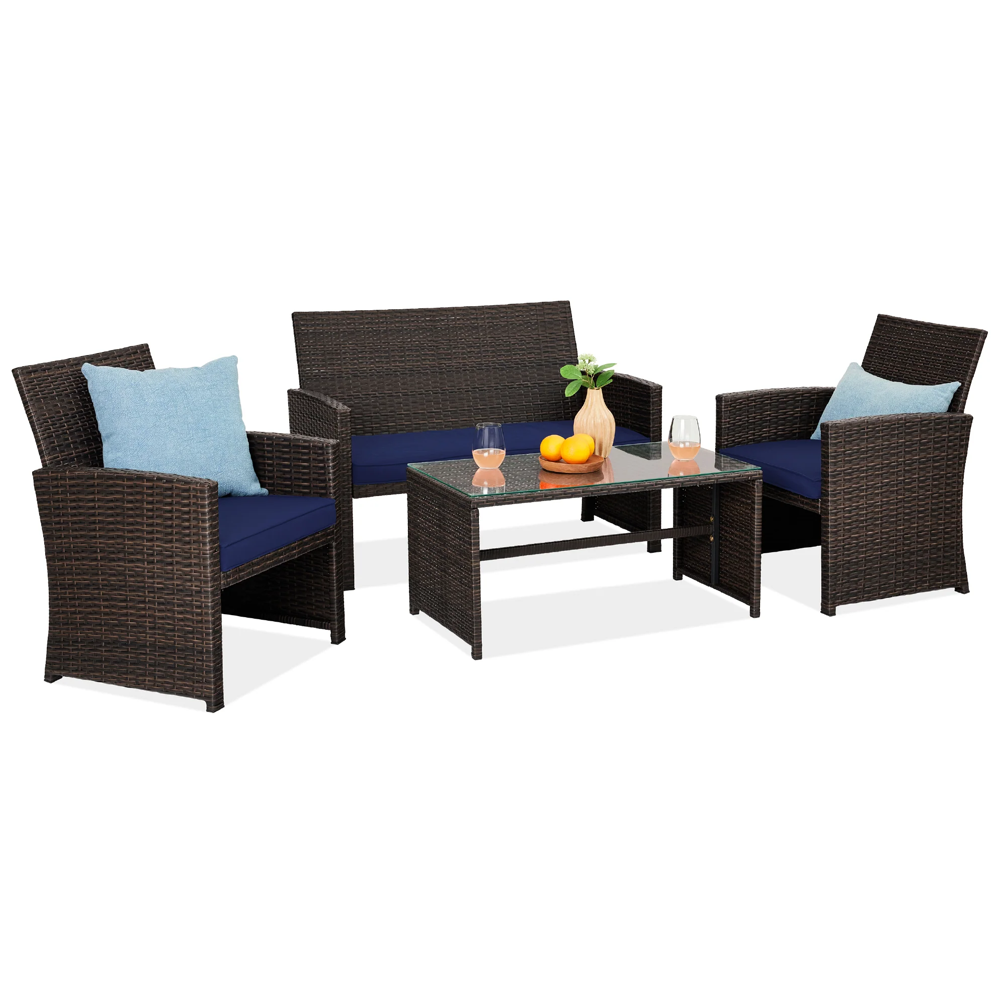 4-Piece Outdoor Wicker Conversation Patio Set w/ 4 Seats, Glass Table Top - Image 134