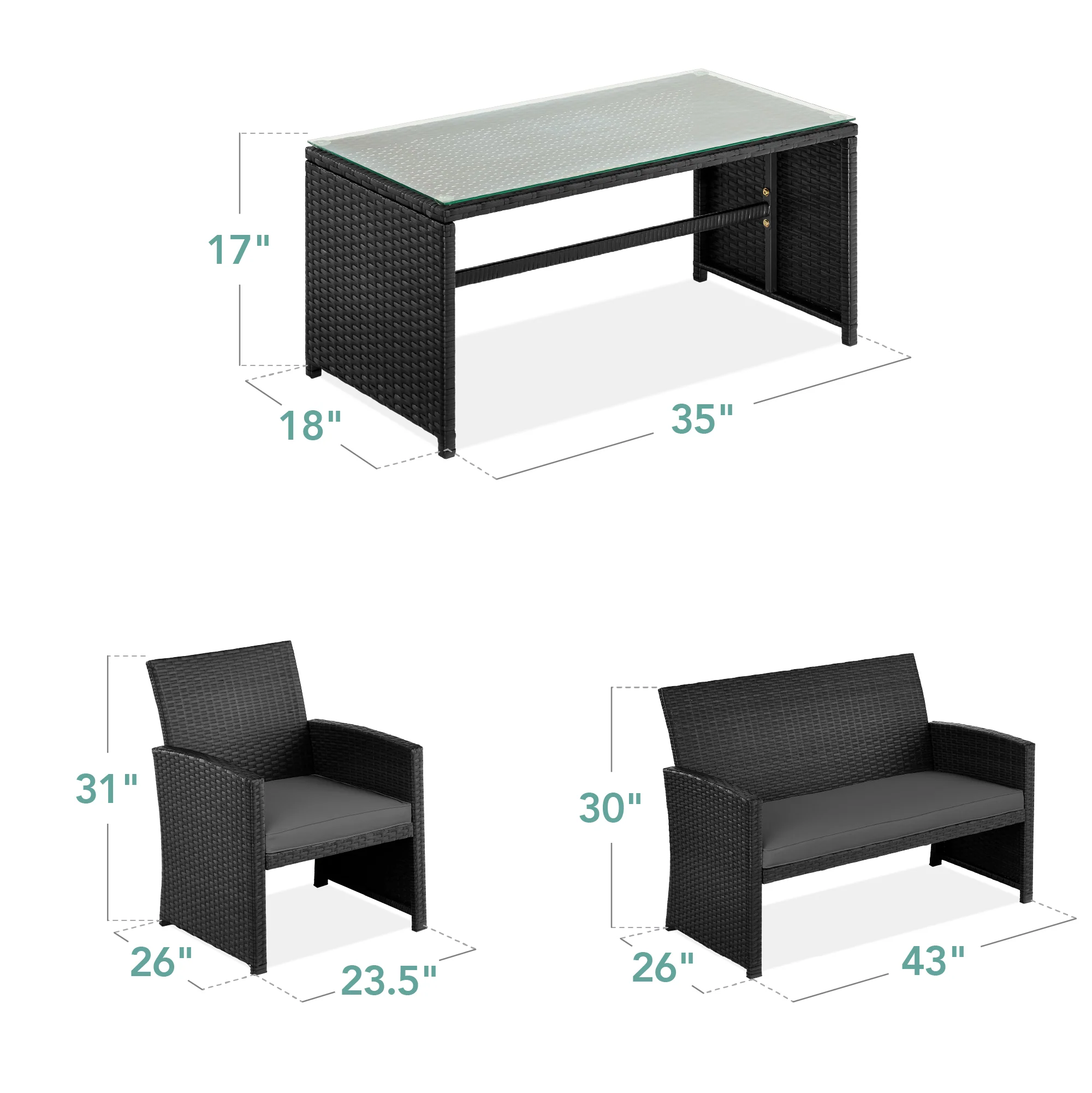 4-Piece Outdoor Wicker Conversation Patio Set w/ 4 Seats, Glass Table Top - Image 14