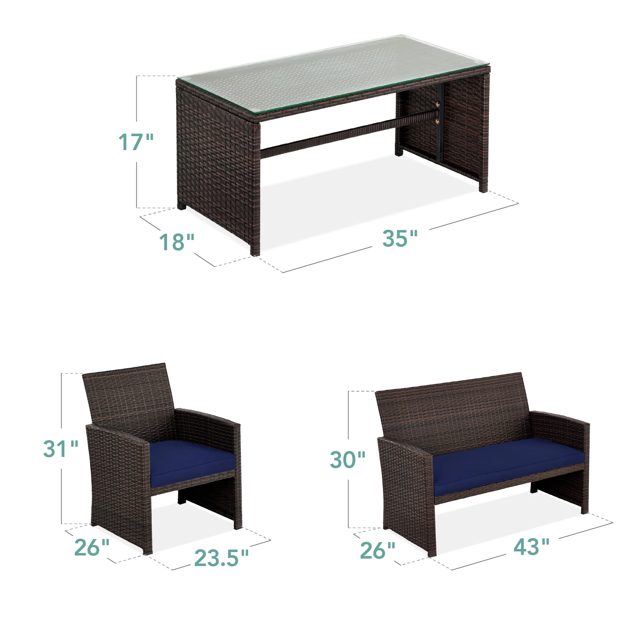 4-Piece Outdoor Wicker Conversation Patio Set w/ 4 Seats, Glass Table Top - Image 140