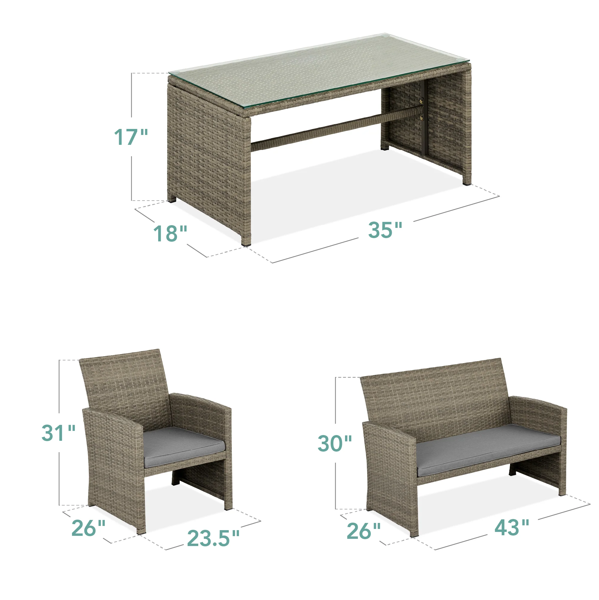 4-Piece Outdoor Wicker Conversation Patio Set w/ 4 Seats, Glass Table Top - Image 147