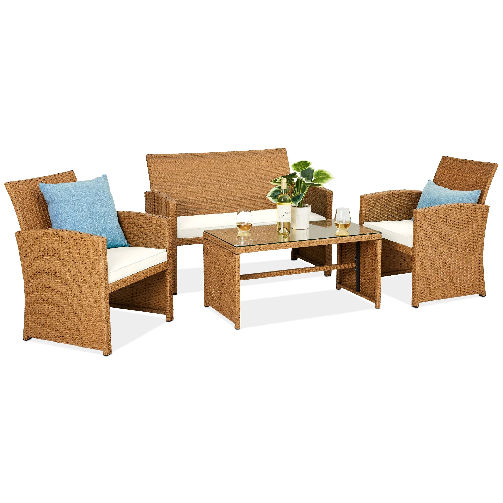4-Piece Outdoor Wicker Conversation Patio Set w/ 4 Seats, Glass Table Top - Image 148