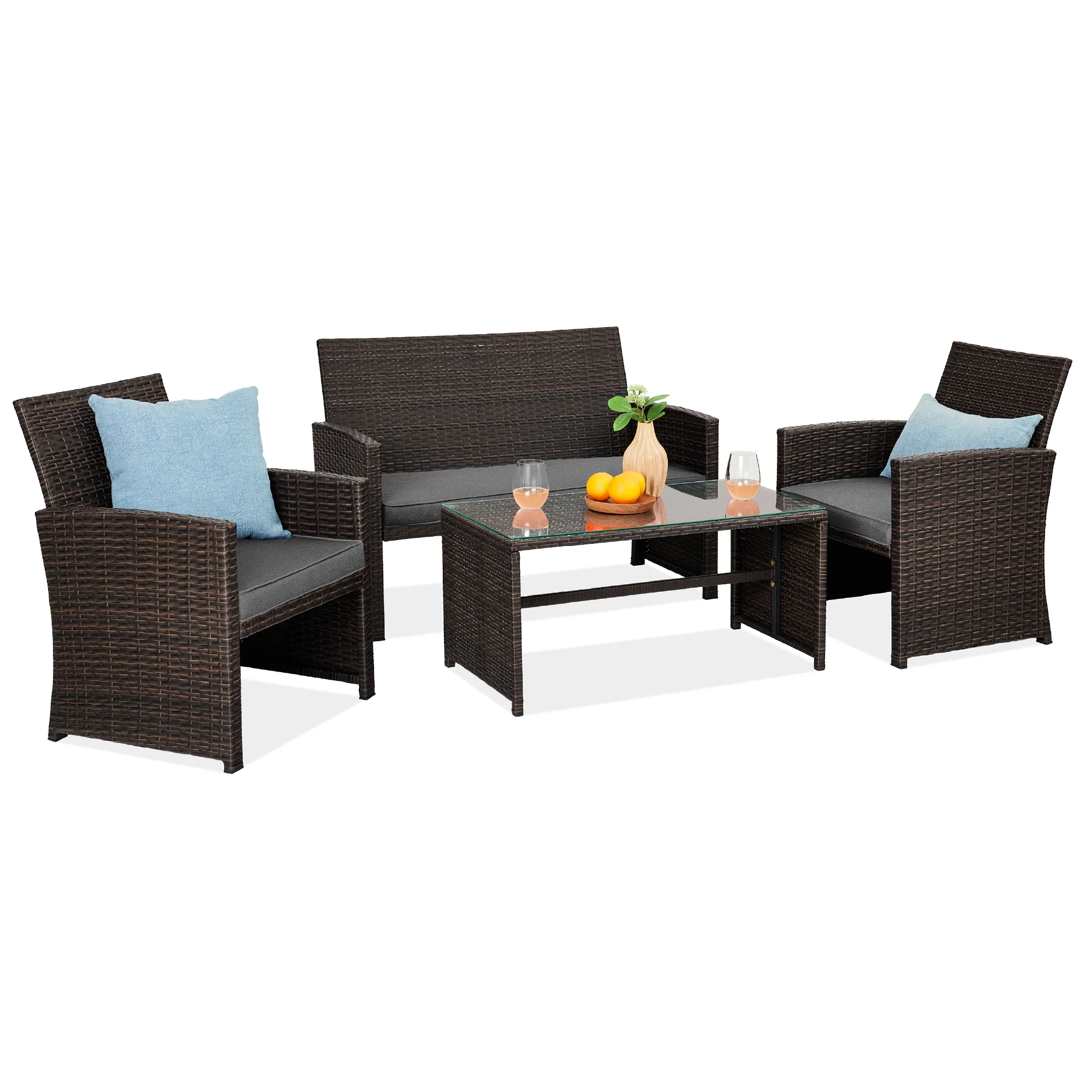 4-Piece Outdoor Wicker Conversation Patio Set w/ 4 Seats, Glass Table Top - Image 15