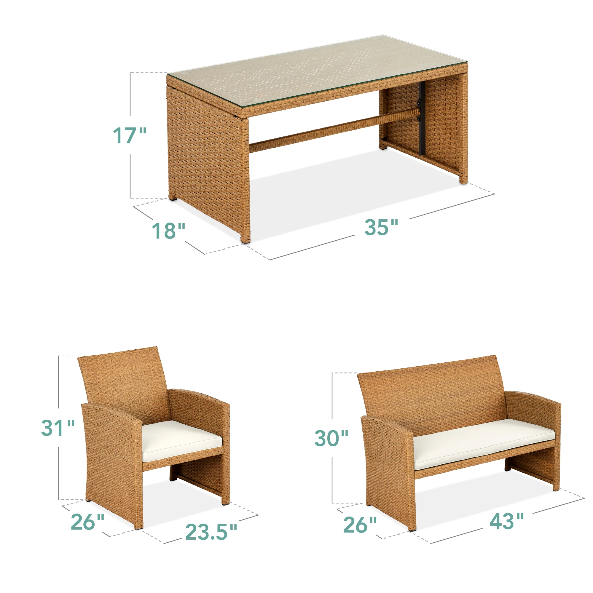 4-Piece Outdoor Wicker Conversation Patio Set w/ 4 Seats, Glass Table Top - Image 154