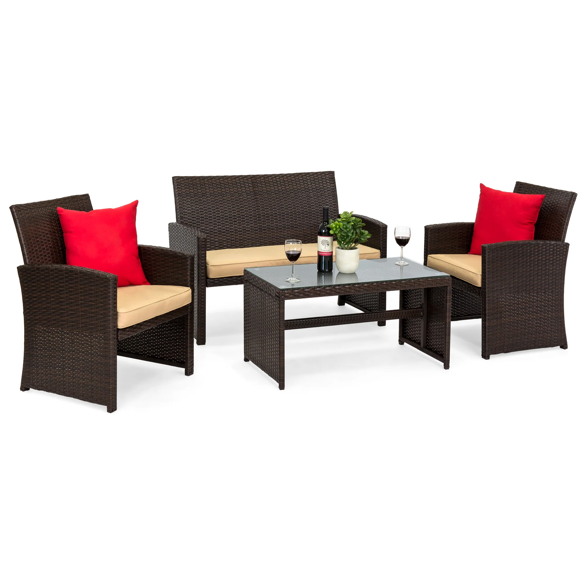 4-Piece Outdoor Wicker Conversation Patio Set w/ 4 Seats, Glass Table Top - Image 155
