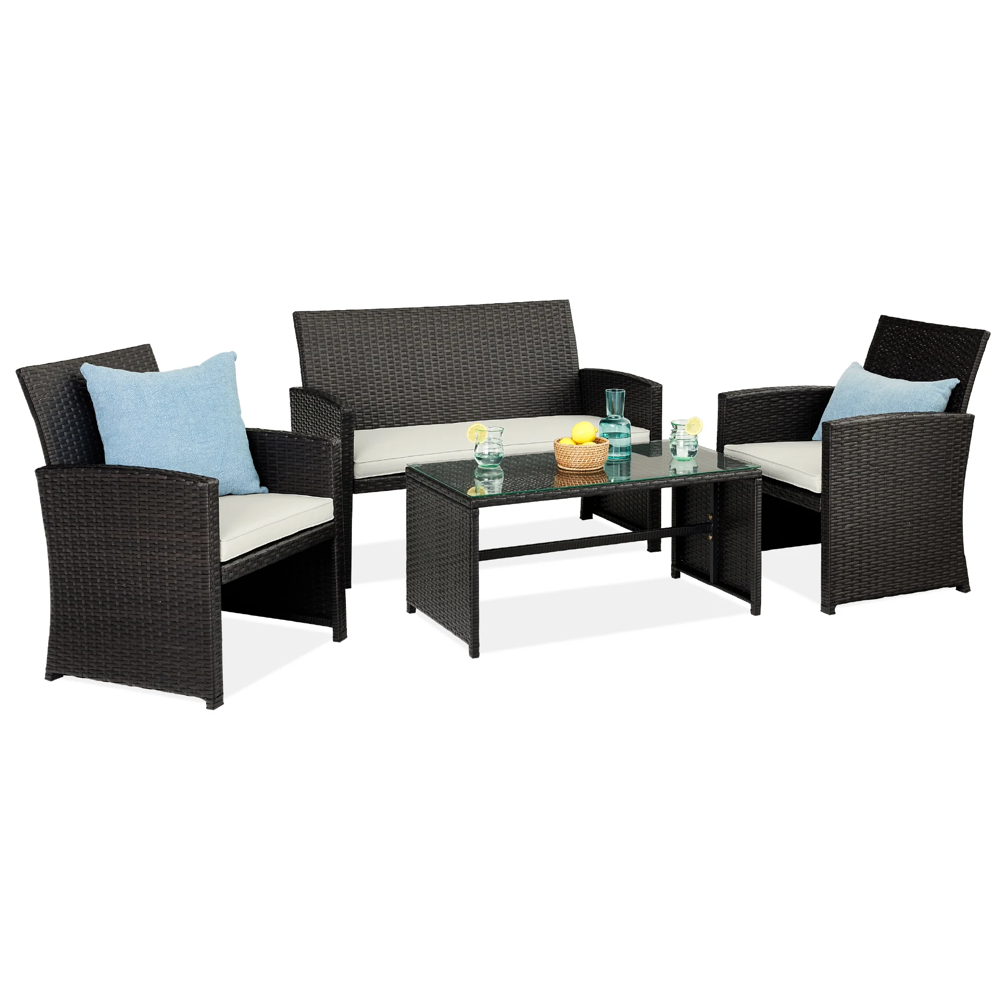 4-Piece Outdoor Wicker Conversation Patio Set w/ 4 Seats, Glass Table Top - Image 162