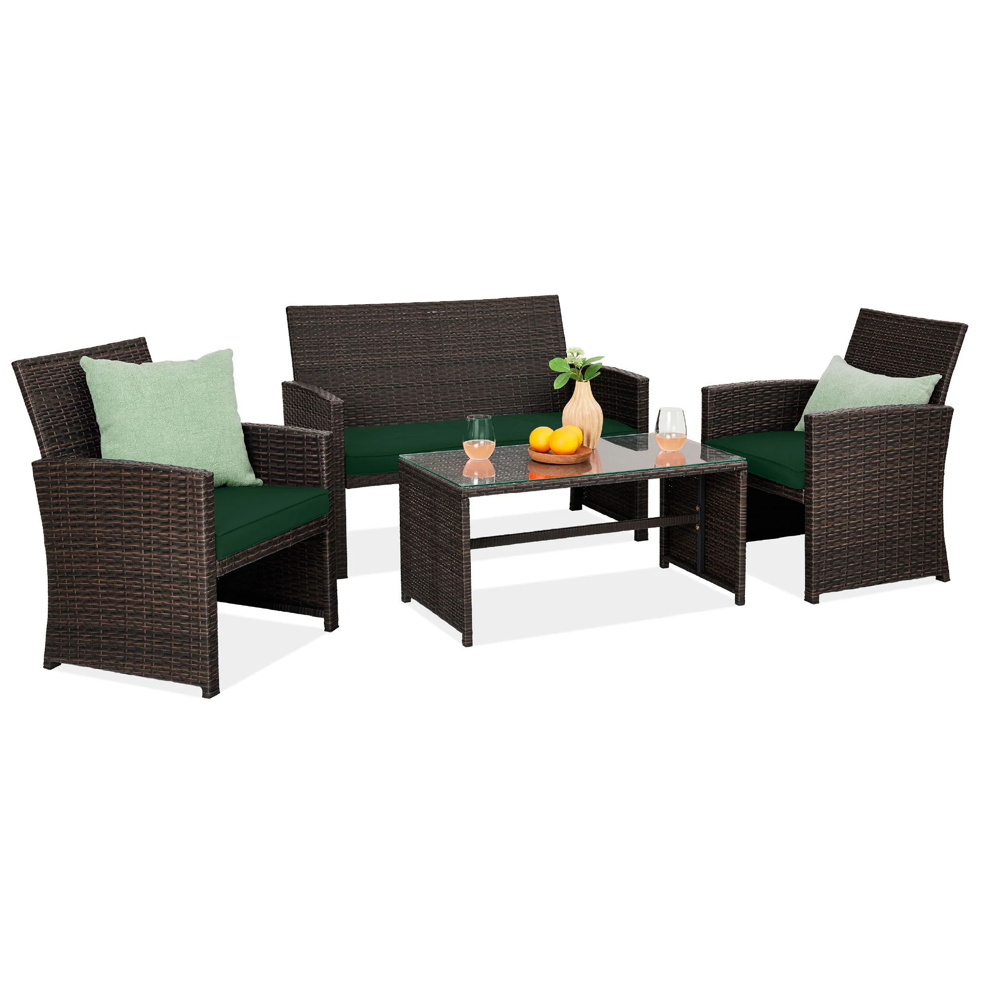 4-Piece Outdoor Wicker Conversation Patio Set w/ 4 Seats, Glass Table Top - Image 169
