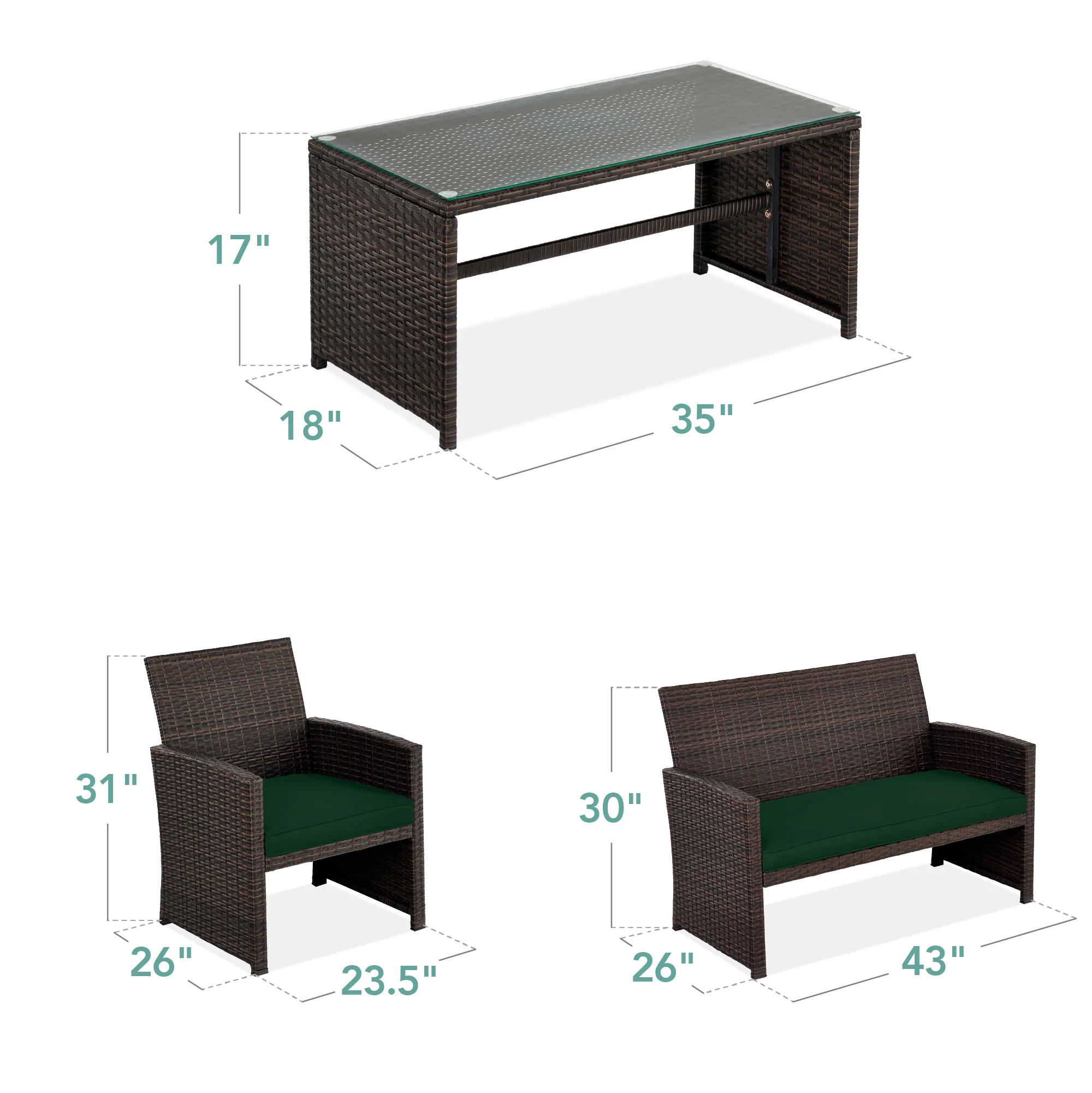 4-Piece Outdoor Wicker Conversation Patio Set w/ 4 Seats, Glass Table Top - Image 175