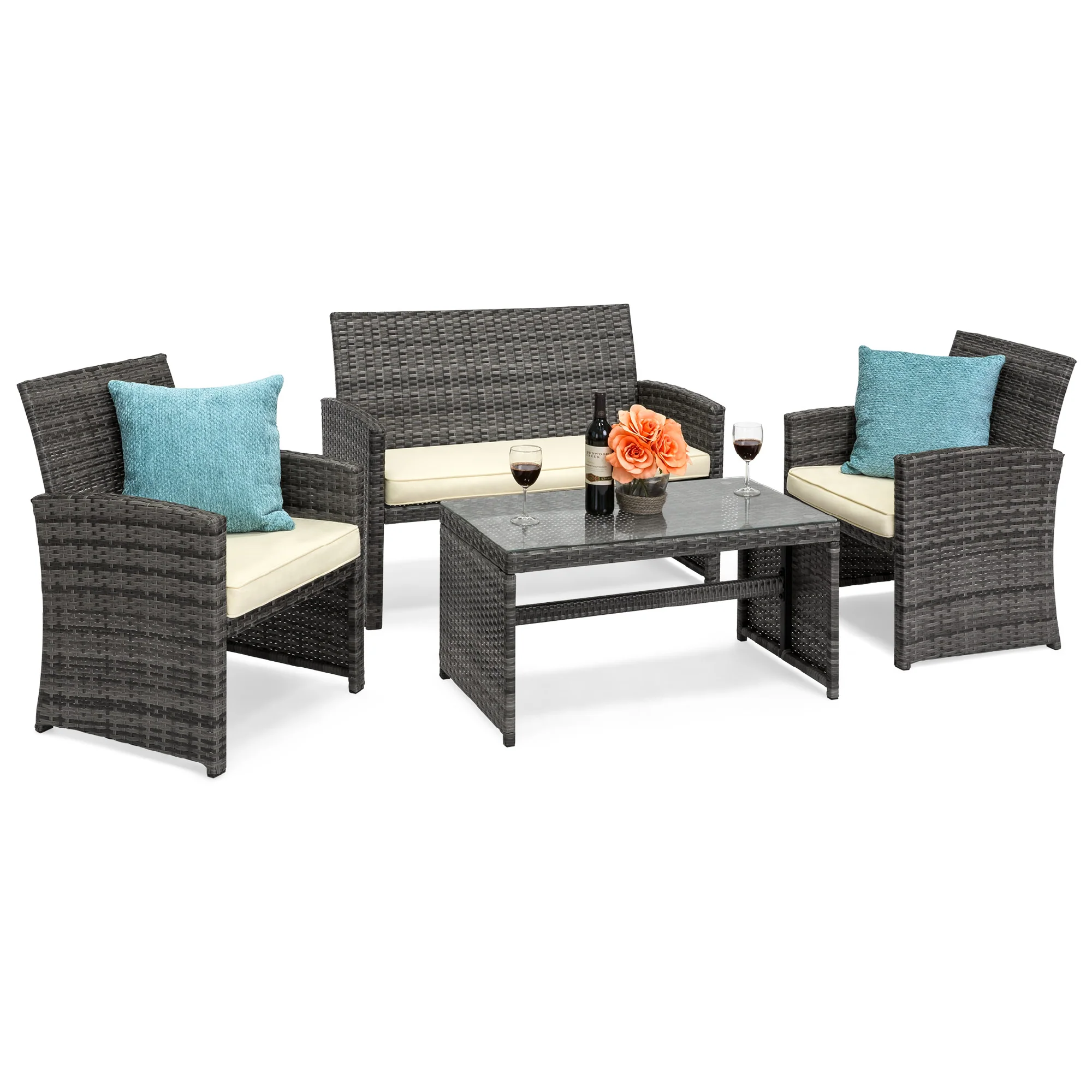 4-Piece Outdoor Wicker Conversation Patio Set w/ 4 Seats, Glass Table Top - Image 176