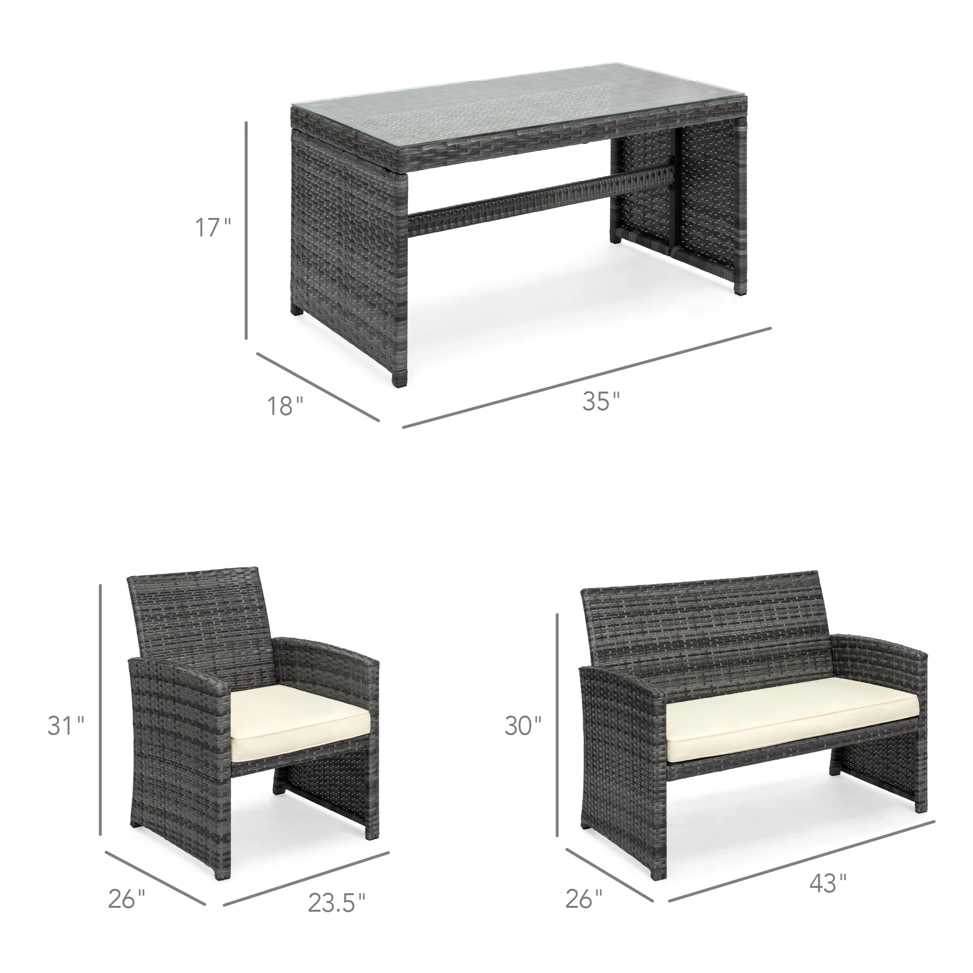 4-Piece Outdoor Wicker Conversation Patio Set w/ 4 Seats, Glass Table Top - Image 182