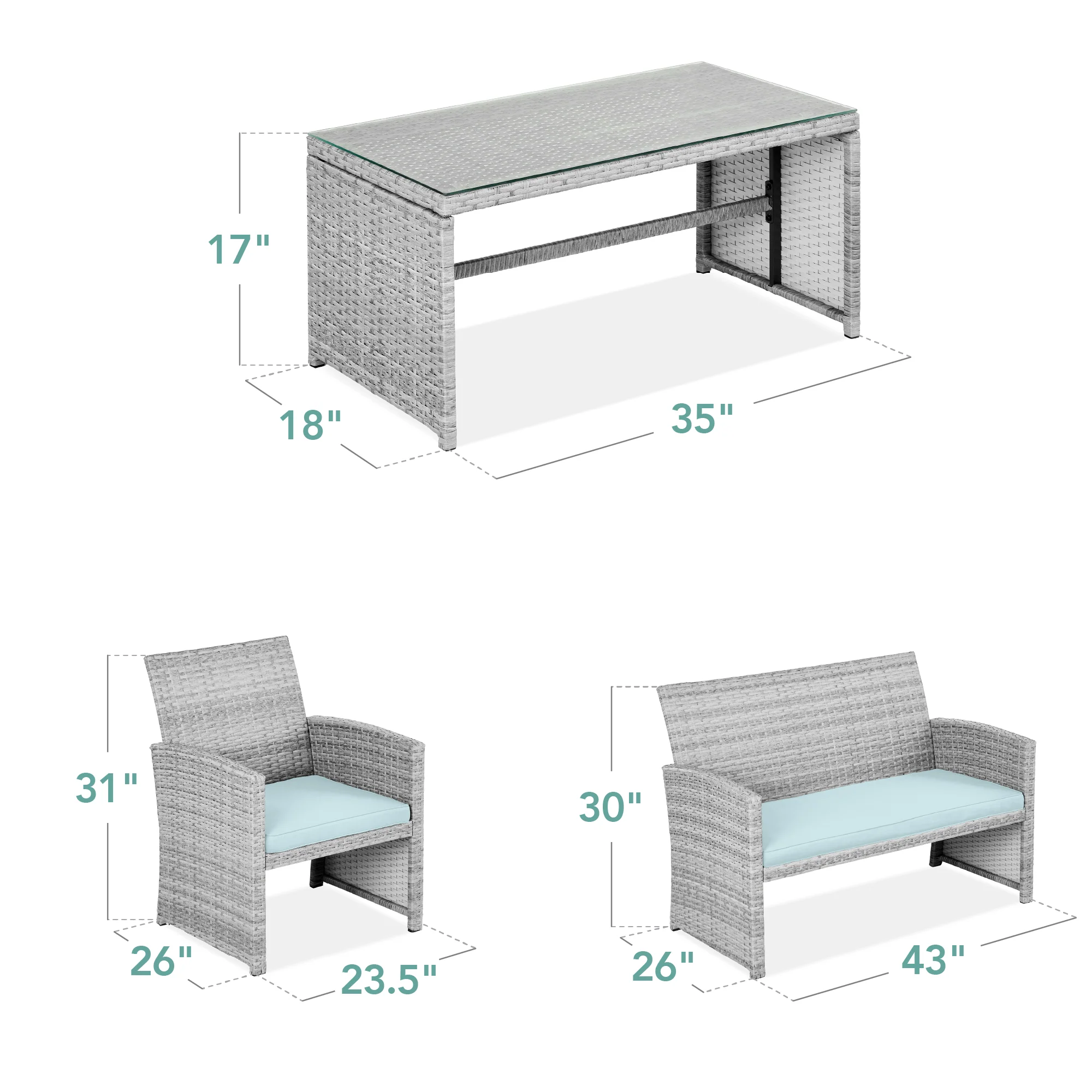 4-Piece Outdoor Wicker Conversation Patio Set w/ 4 Seats, Glass Table Top - Image 189
