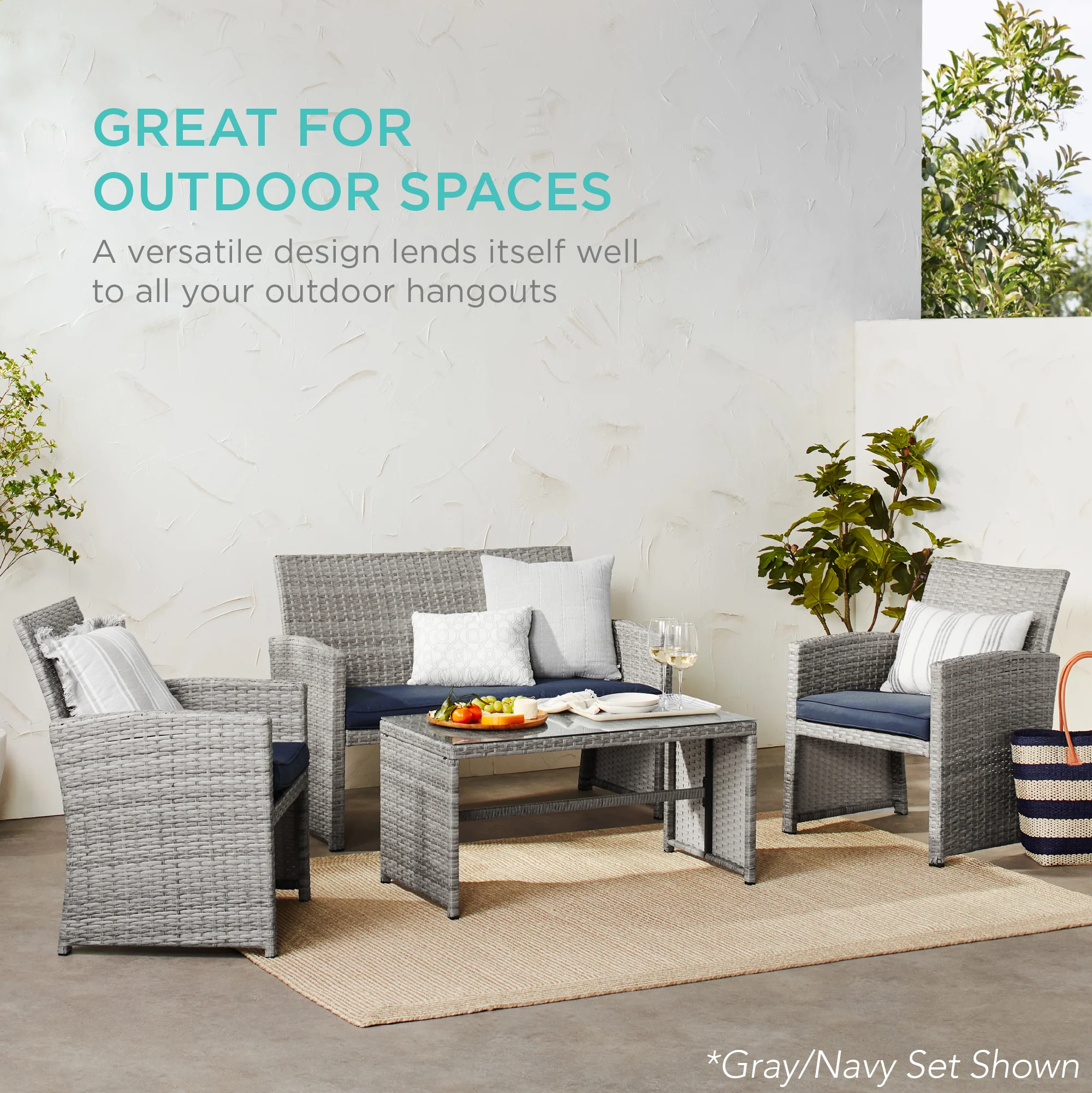 4-Piece Outdoor Wicker Conversation Patio Set w/ 4 Seats, Glass Table Top - Image 20