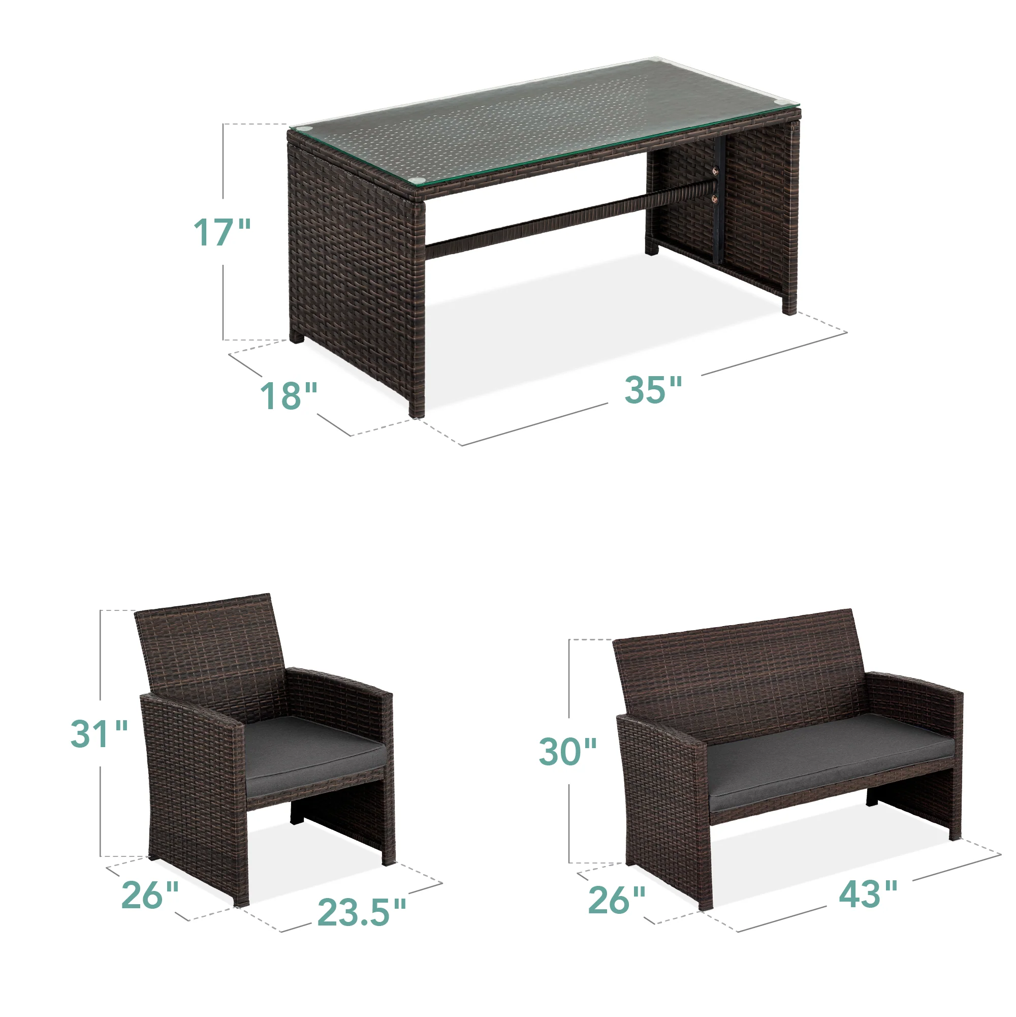 4-Piece Outdoor Wicker Conversation Patio Set w/ 4 Seats, Glass Table Top - Image 21