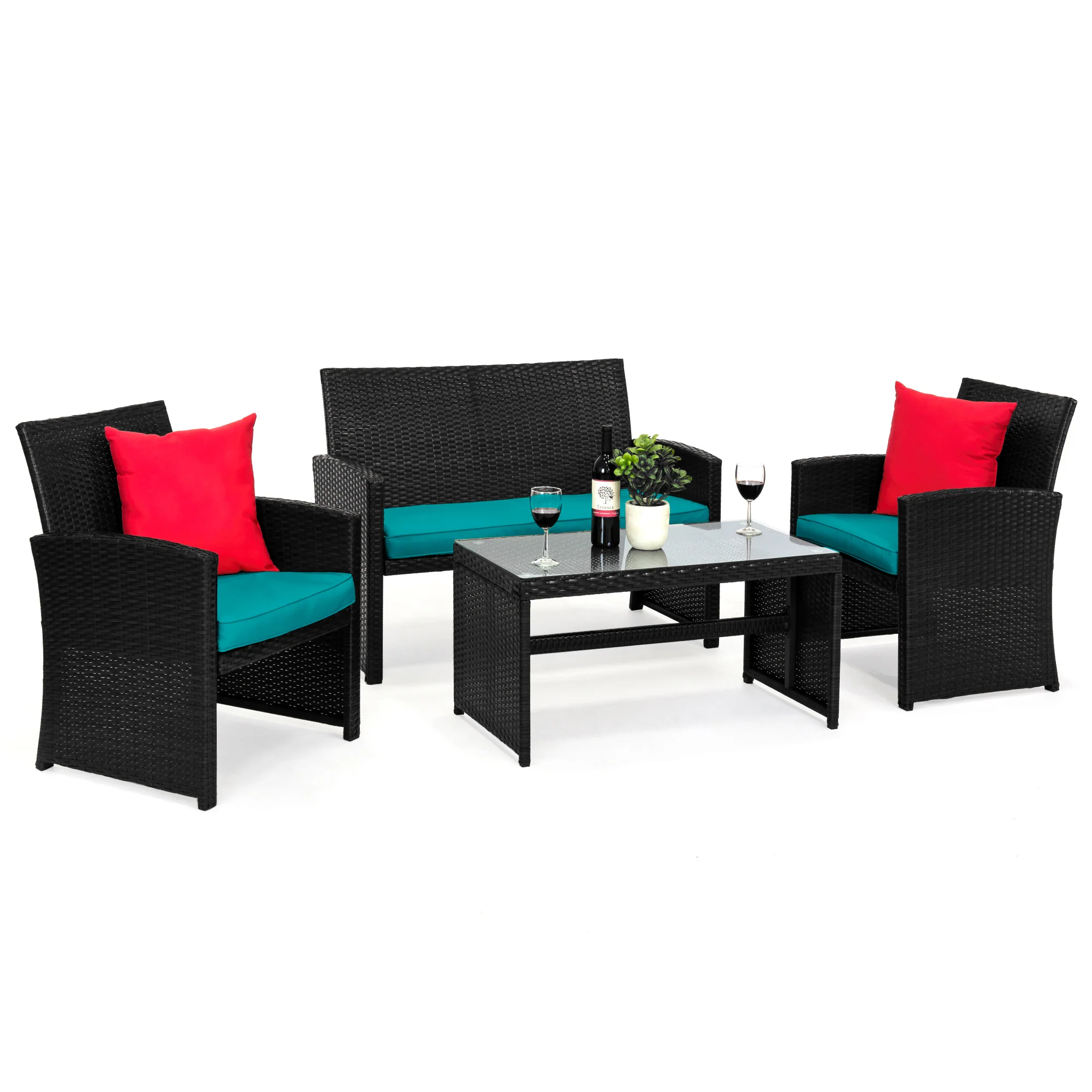 4-Piece Outdoor Wicker Conversation Patio Set w/ 4 Seats, Glass Table Top - Image 22