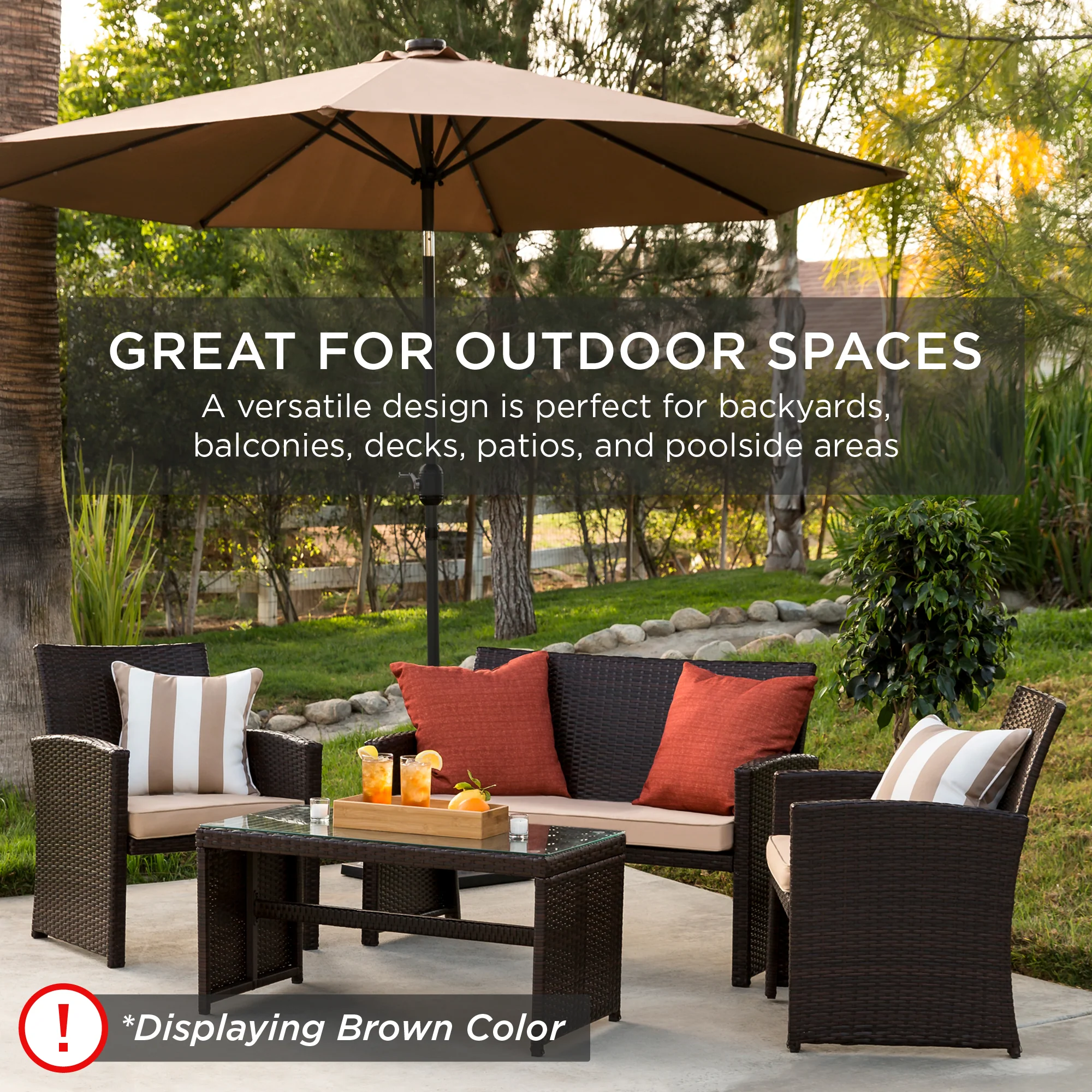 4-Piece Outdoor Wicker Conversation Patio Set w/ 4 Seats, Glass Table Top - Image 27