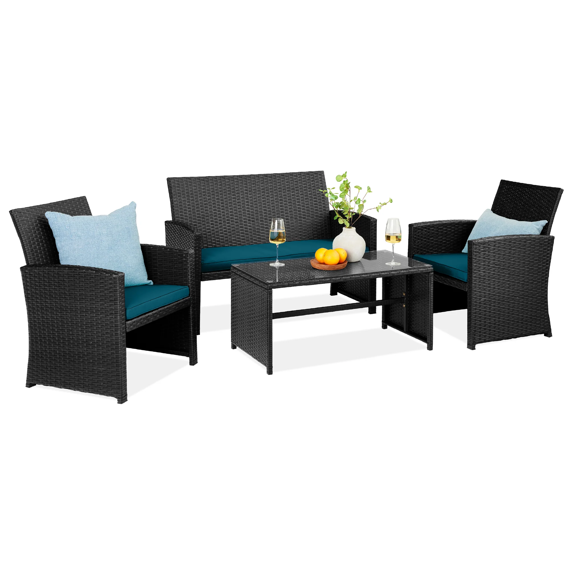4-Piece Outdoor Wicker Conversation Patio Set w/ 4 Seats, Glass Table Top - Image 29