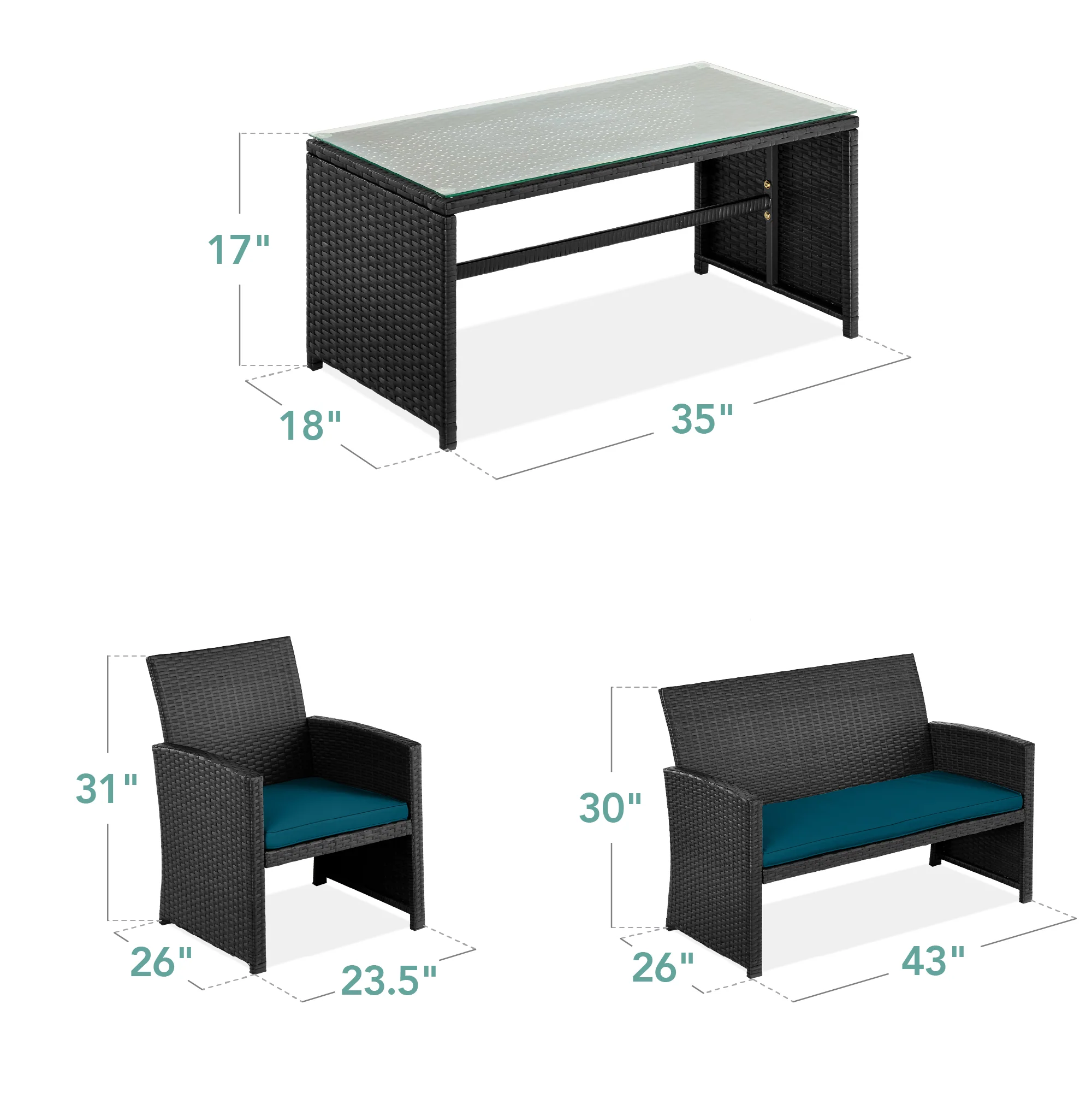 4-Piece Outdoor Wicker Conversation Patio Set w/ 4 Seats, Glass Table Top - Image 35