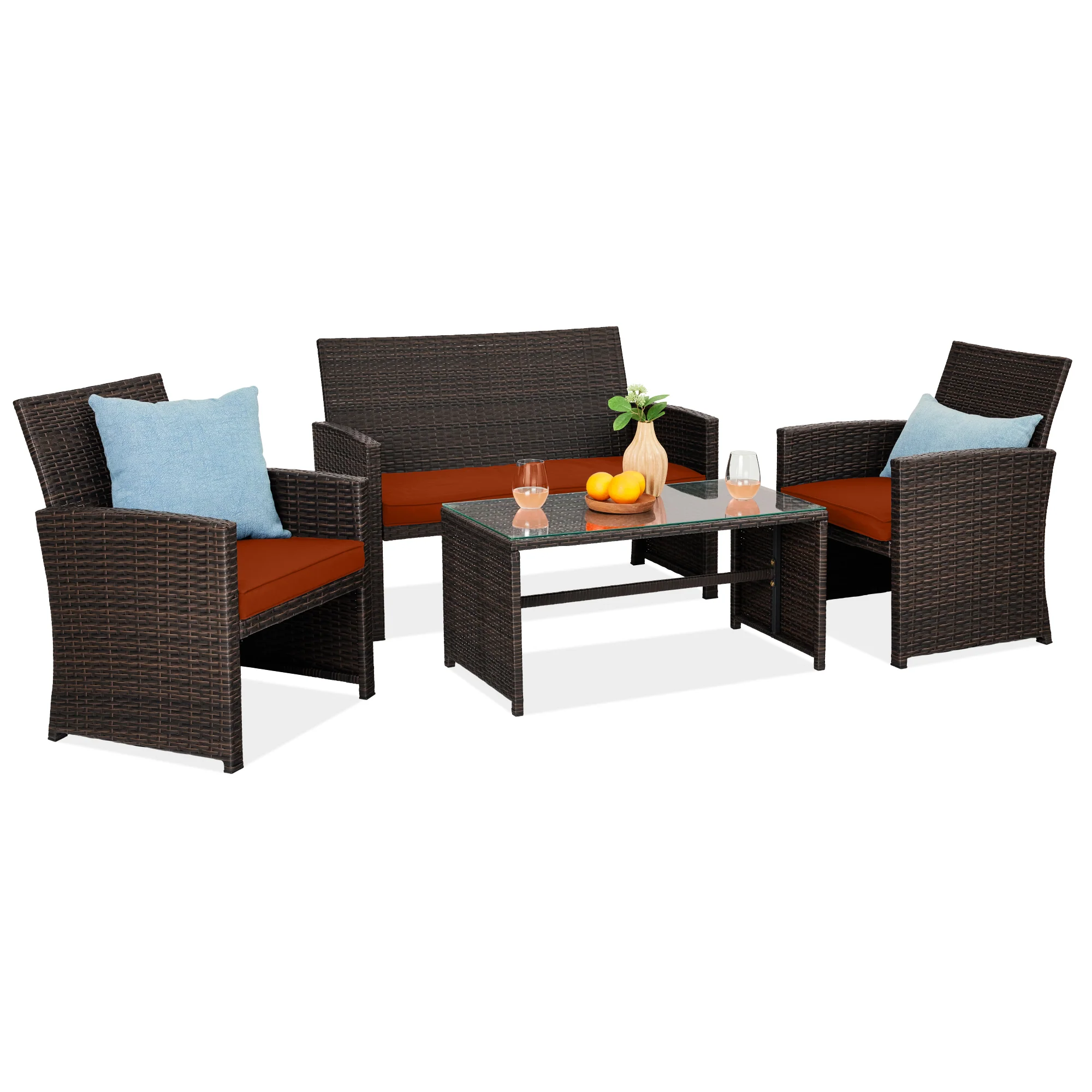 4-Piece Outdoor Wicker Conversation Patio Set w/ 4 Seats, Glass Table Top - Image 36