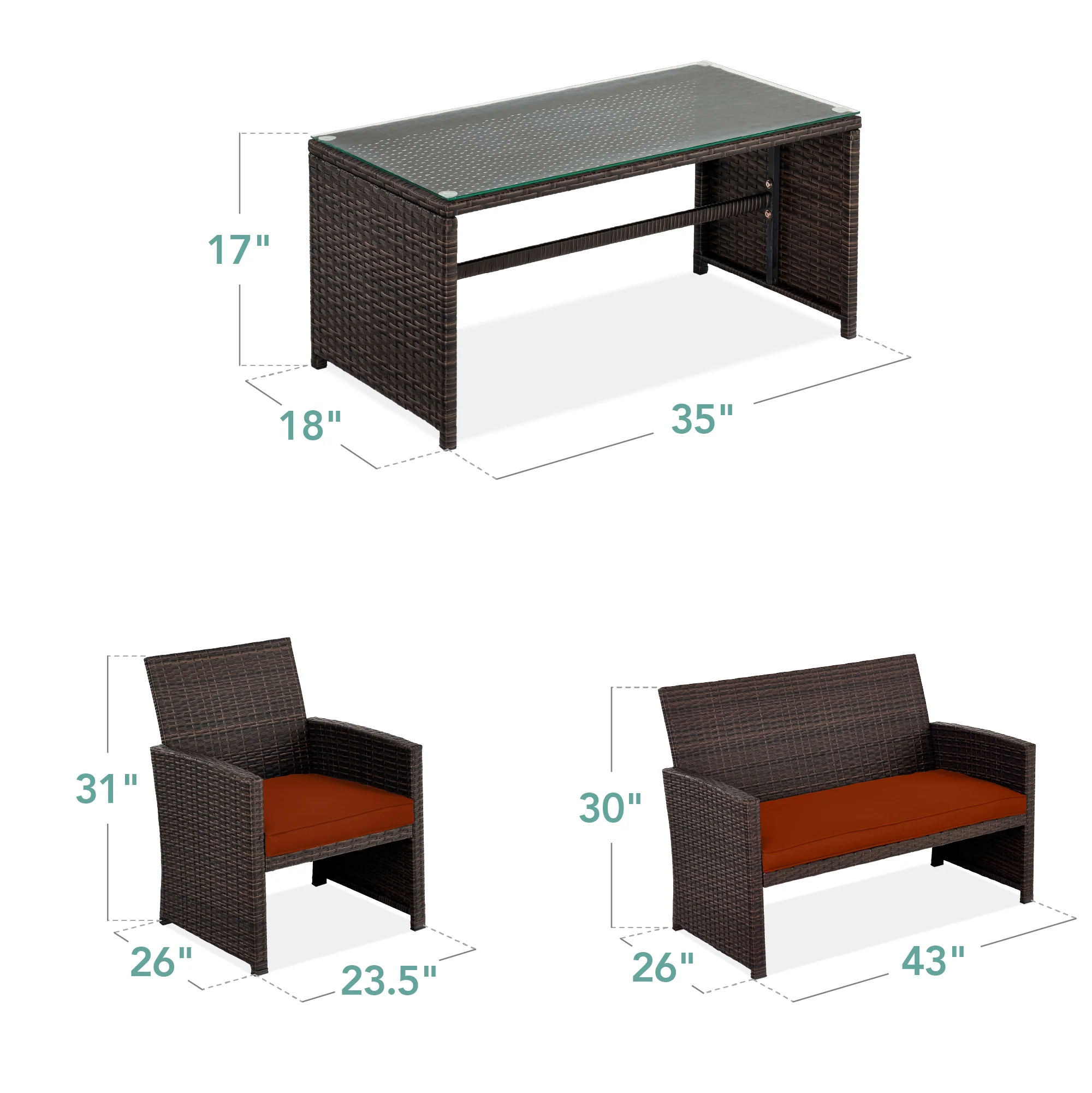 4-Piece Outdoor Wicker Conversation Patio Set w/ 4 Seats, Glass Table Top - Image 42