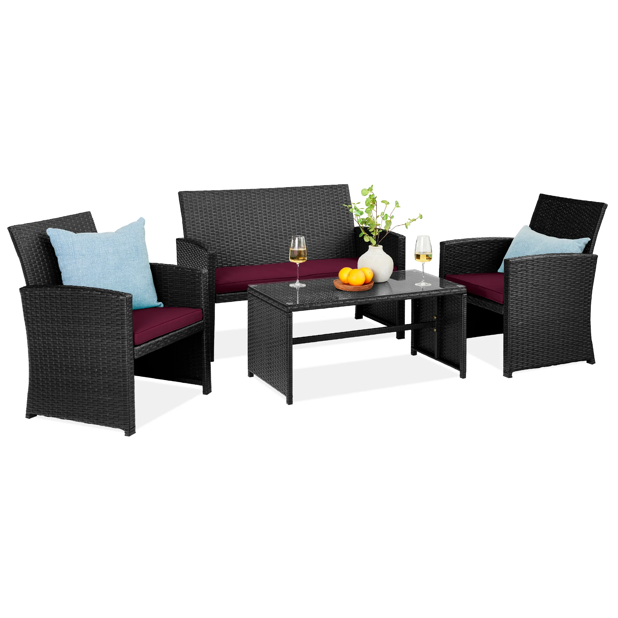 4-Piece Outdoor Wicker Conversation Patio Set w/ 4 Seats, Glass Table Top - Image 43