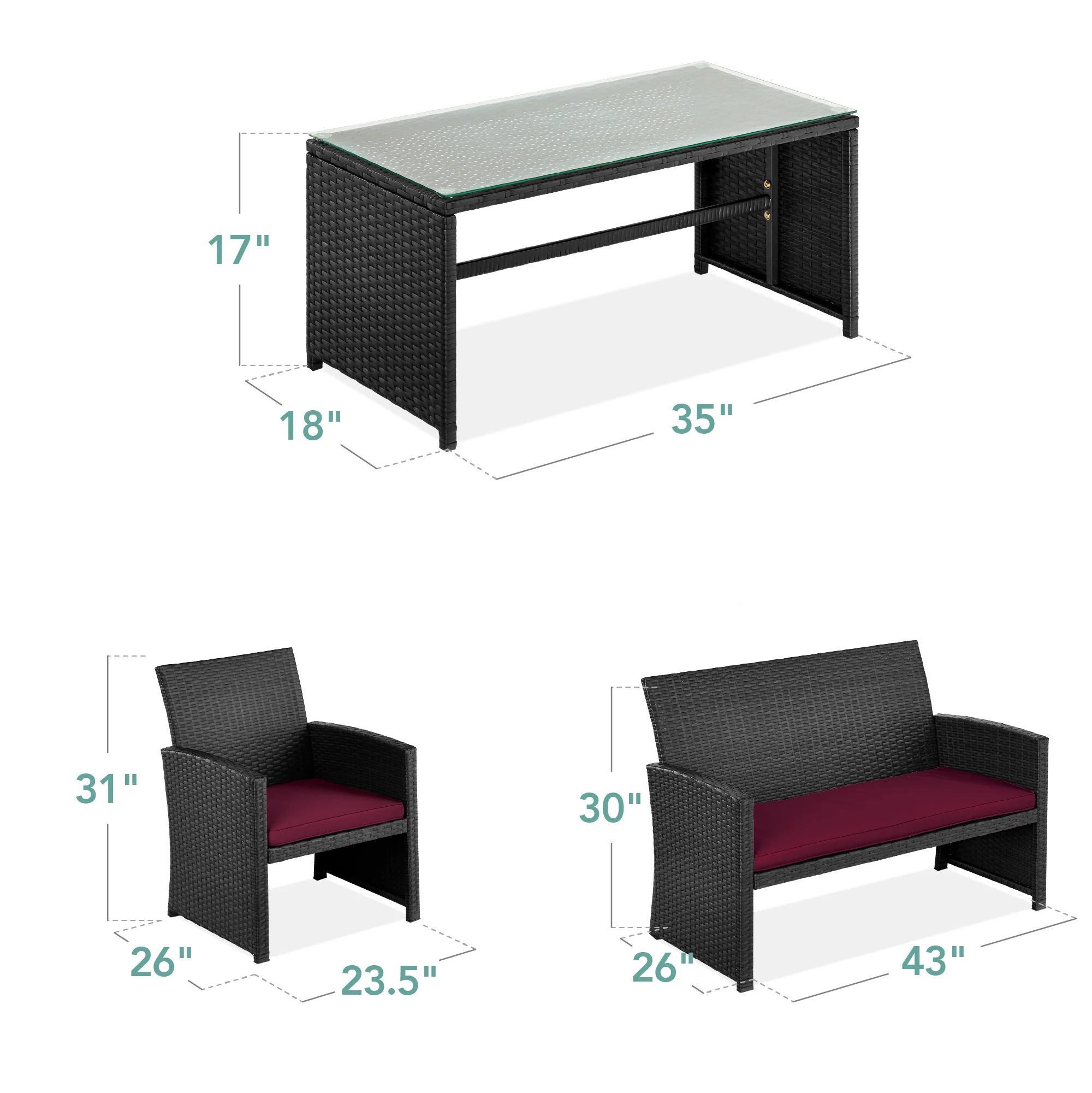 4-Piece Outdoor Wicker Conversation Patio Set w/ 4 Seats, Glass Table Top - Image 49