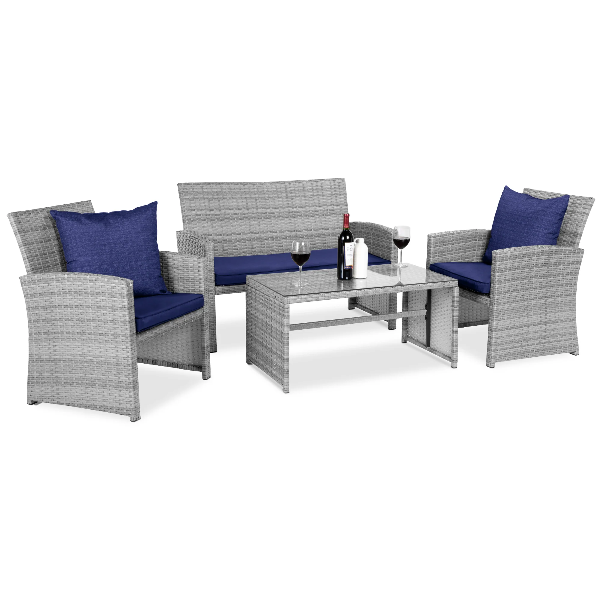 4-Piece Outdoor Wicker Conversation Patio Set w/ 4 Seats, Glass Table Top - Image 50
