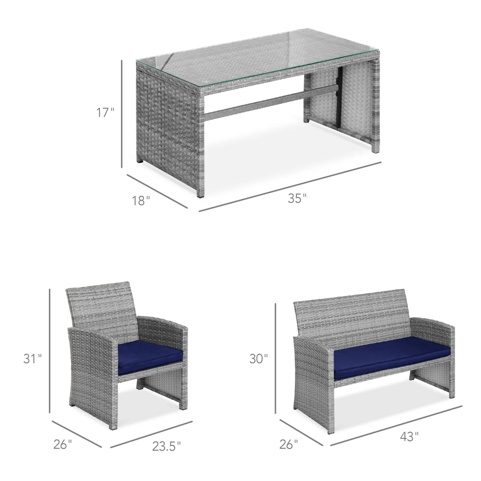 4-Piece Outdoor Wicker Conversation Patio Set w/ 4 Seats, Glass Table Top - Image 56