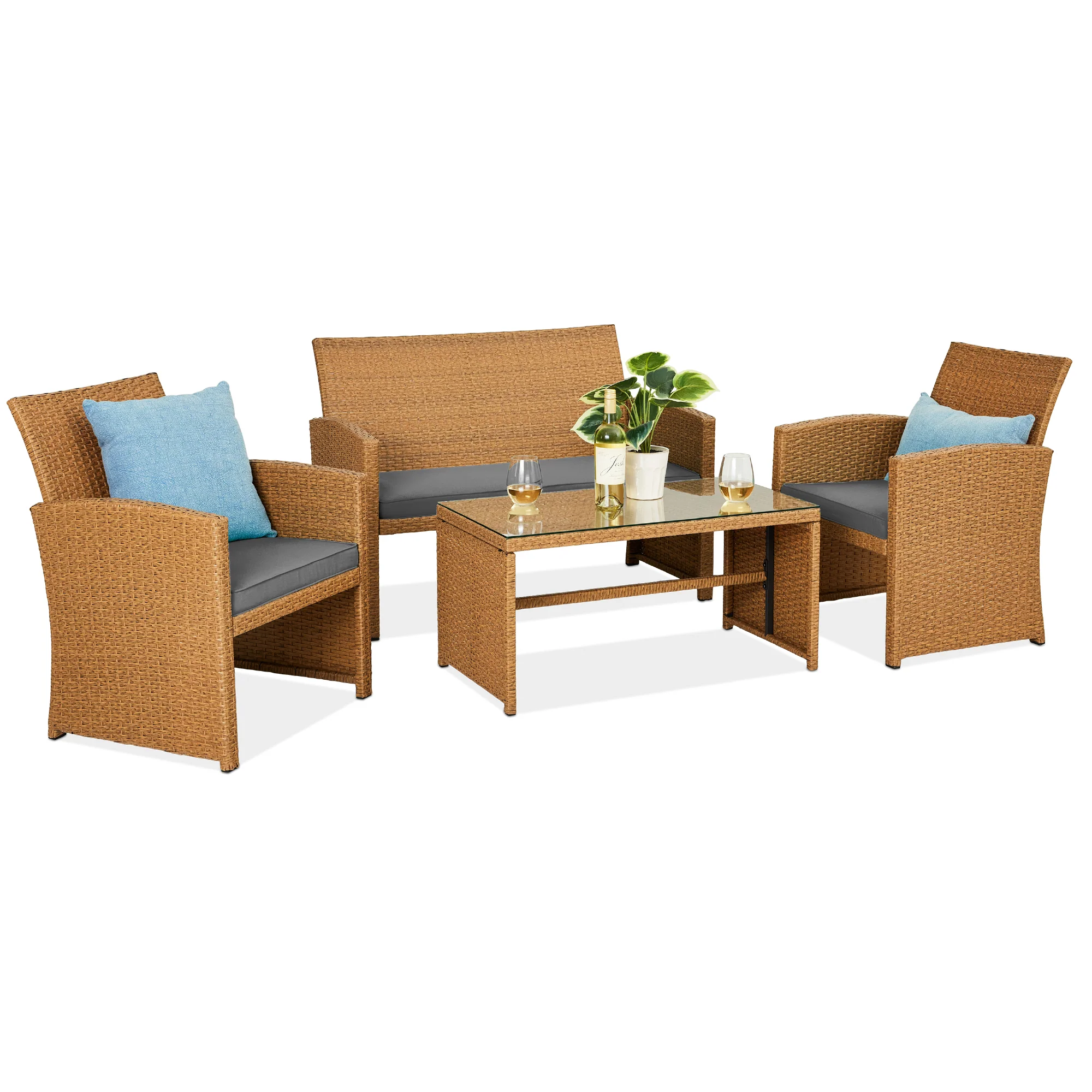 4-Piece Outdoor Wicker Conversation Patio Set w/ 4 Seats, Glass Table Top - Image 57