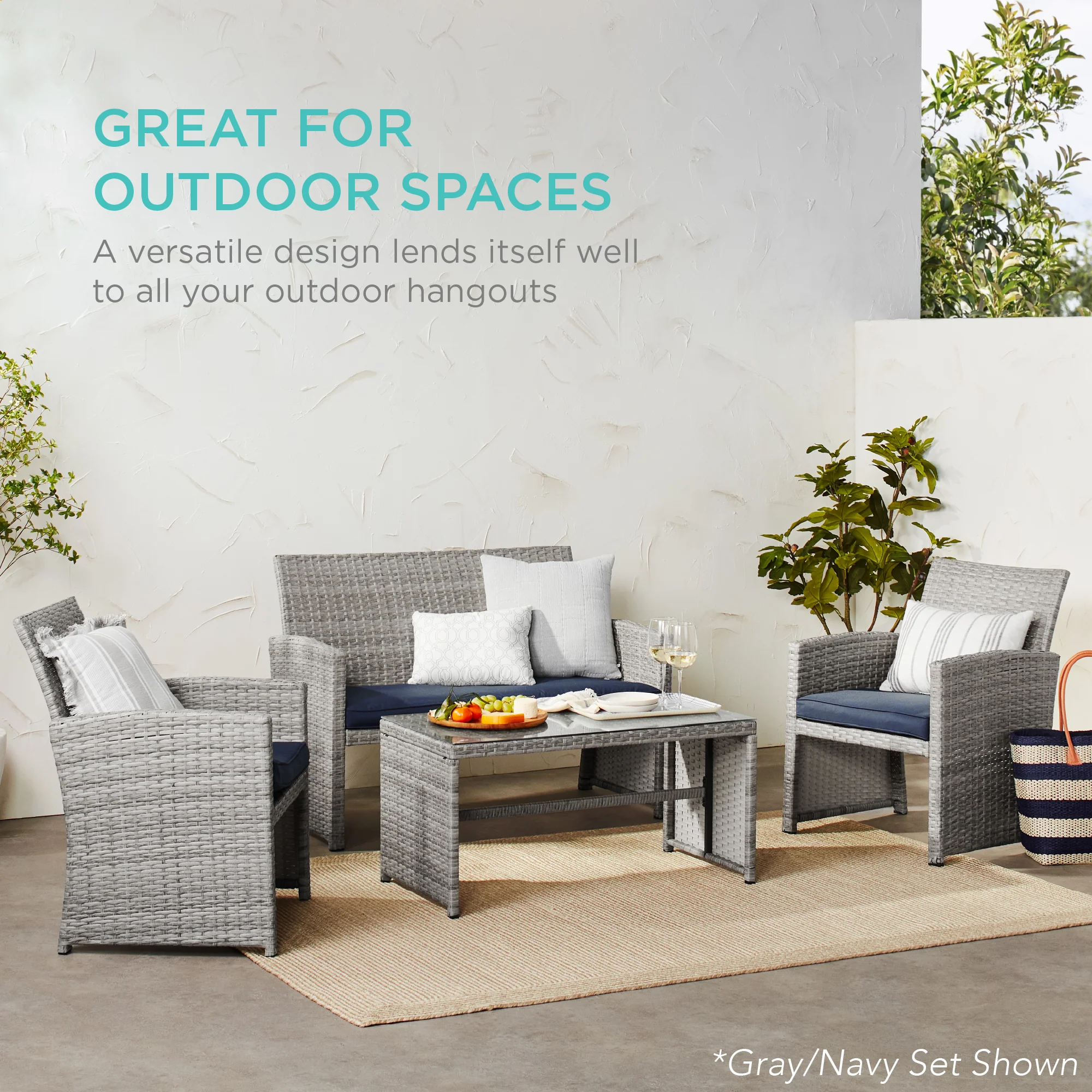 4-Piece Outdoor Wicker Conversation Patio Set w/ 4 Seats, Glass Table Top - Image 6
