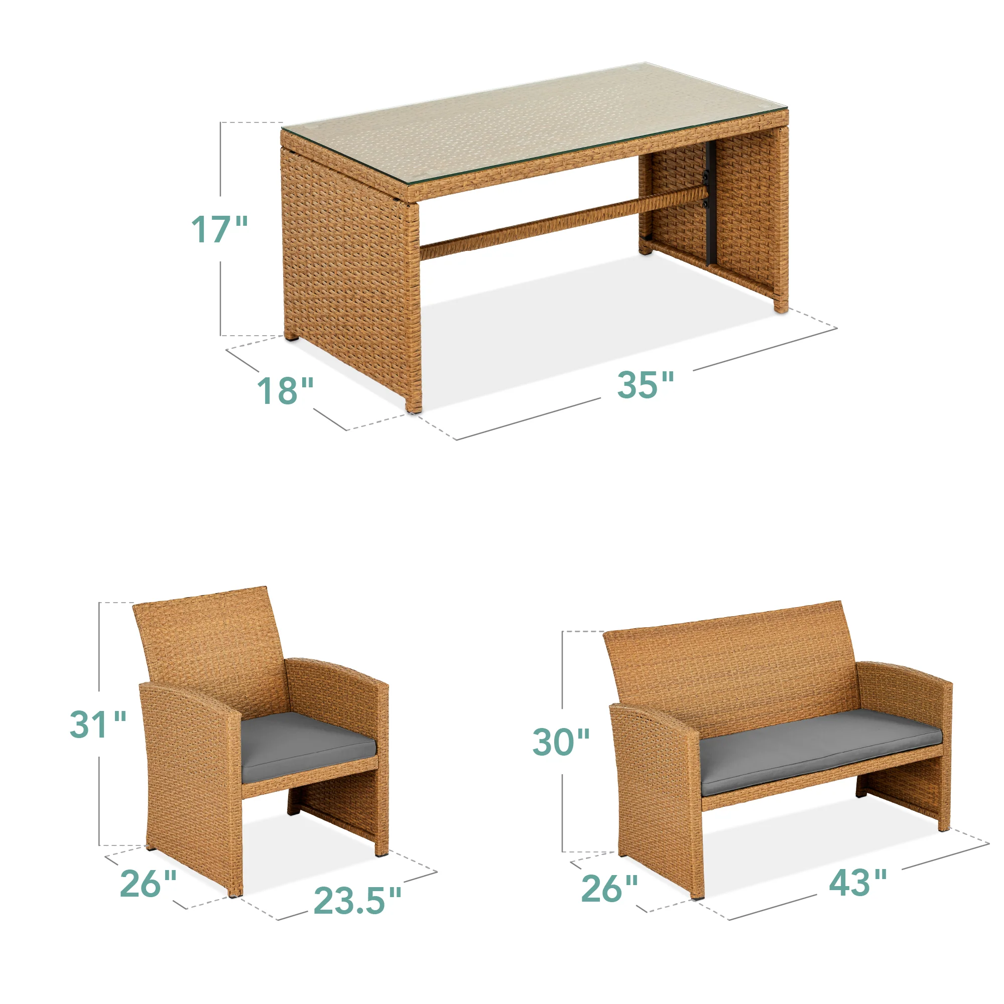 4-Piece Outdoor Wicker Conversation Patio Set w/ 4 Seats, Glass Table Top - Image 63