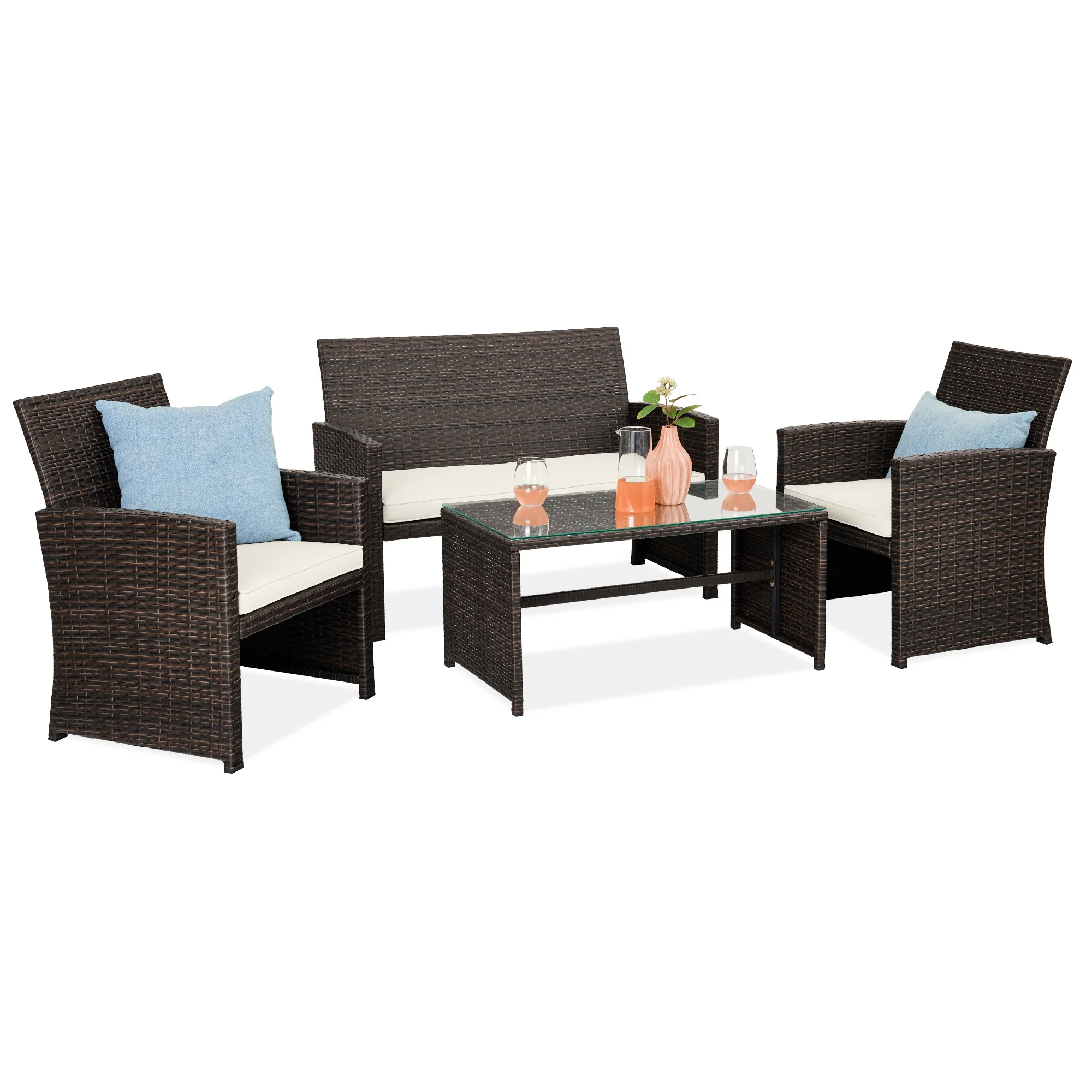 4-Piece Outdoor Wicker Conversation Patio Set w/ 4 Seats, Glass Table Top - Image 64