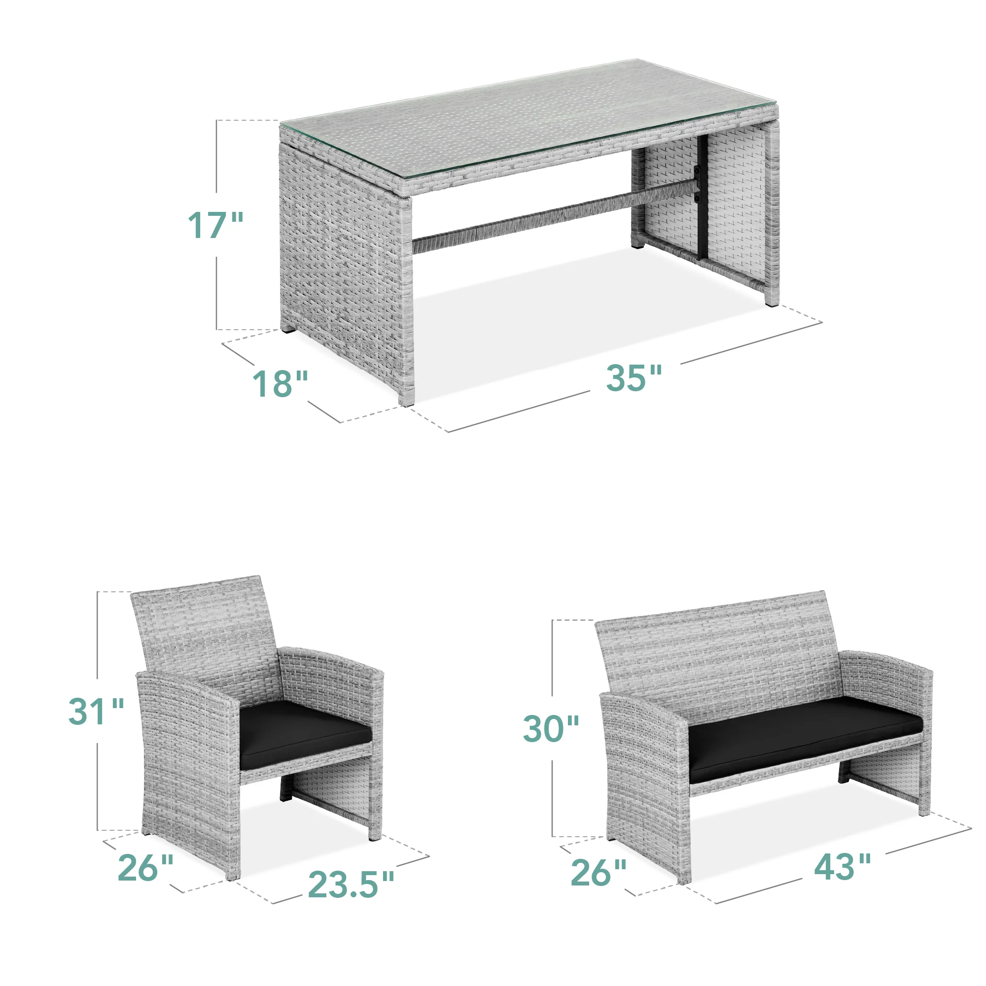4-Piece Outdoor Wicker Conversation Patio Set w/ 4 Seats, Glass Table Top - Image 7