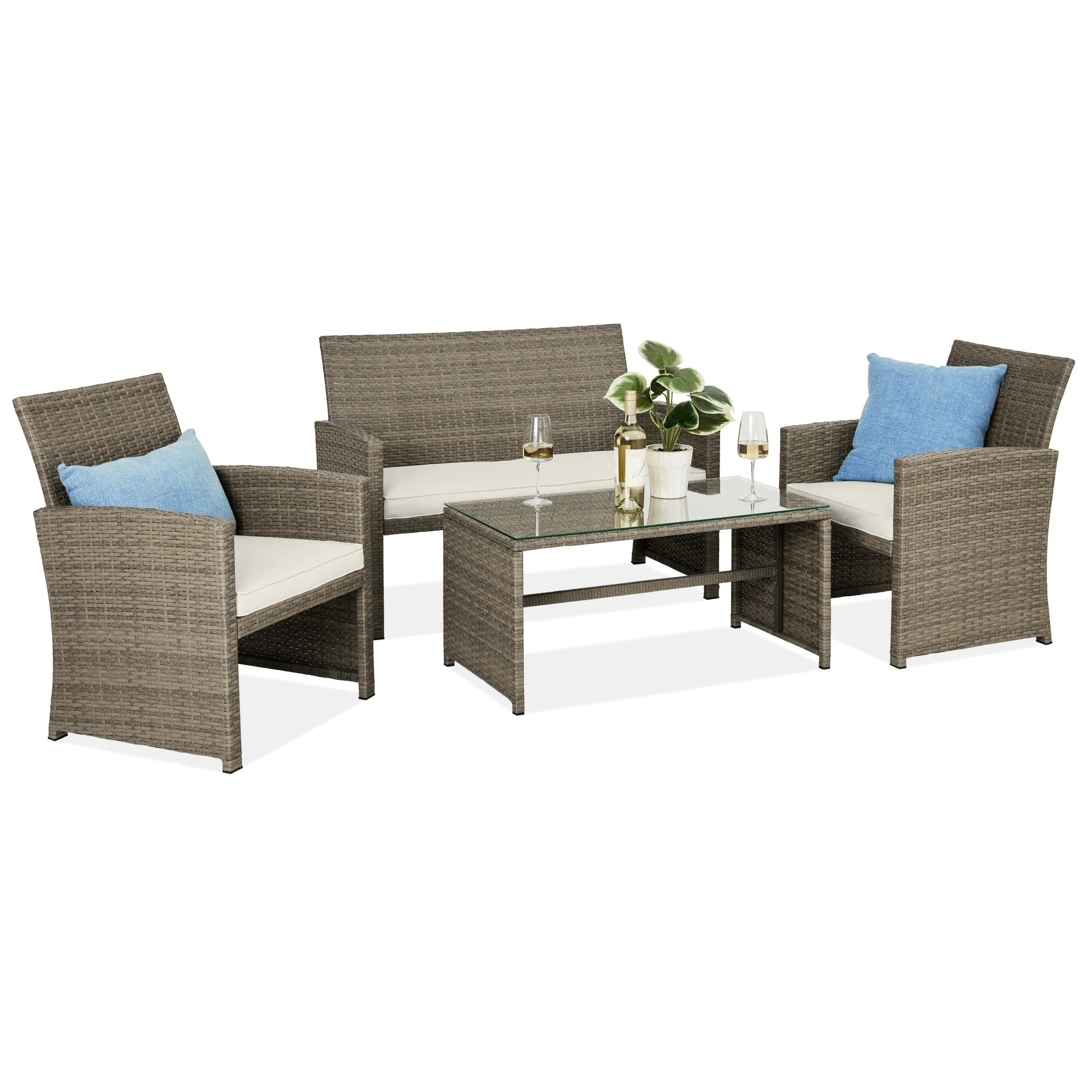 4-Piece Outdoor Wicker Conversation Patio Set w/ 4 Seats, Glass Table Top - Image 71