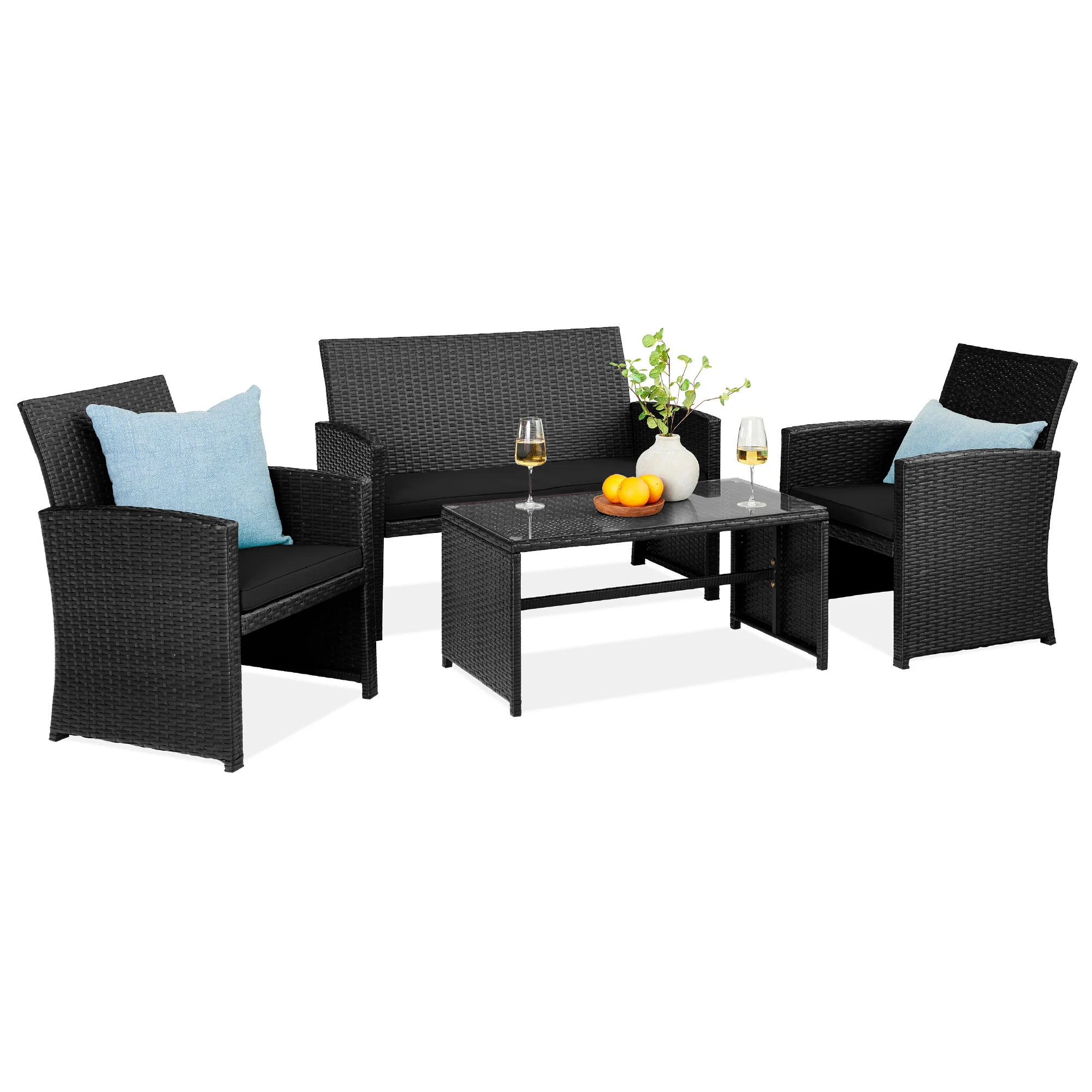 4-Piece Outdoor Wicker Conversation Patio Set w/ 4 Seats, Glass Table Top - Image 78
