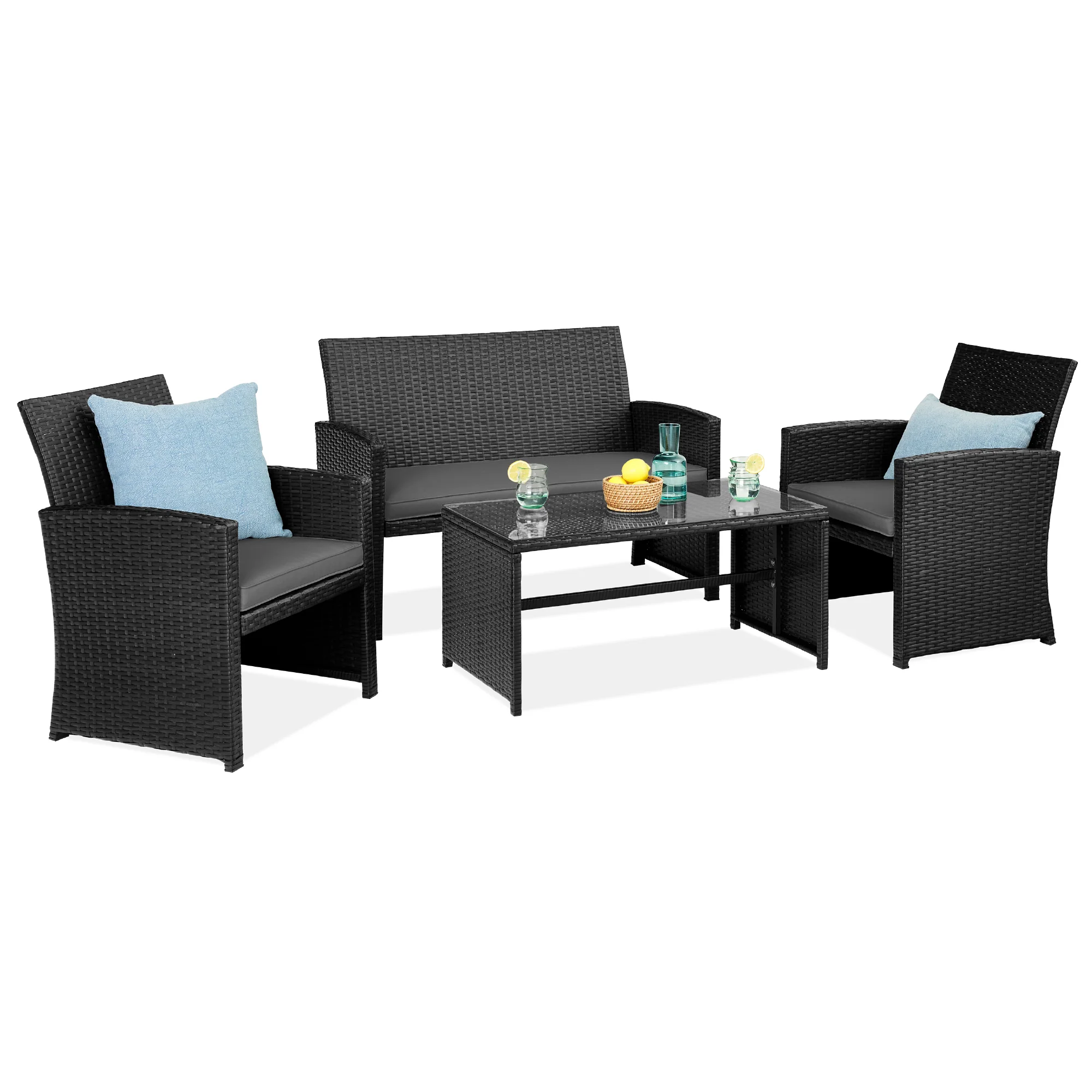 4-Piece Outdoor Wicker Conversation Patio Set w/ 4 Seats, Glass Table Top - Image 8