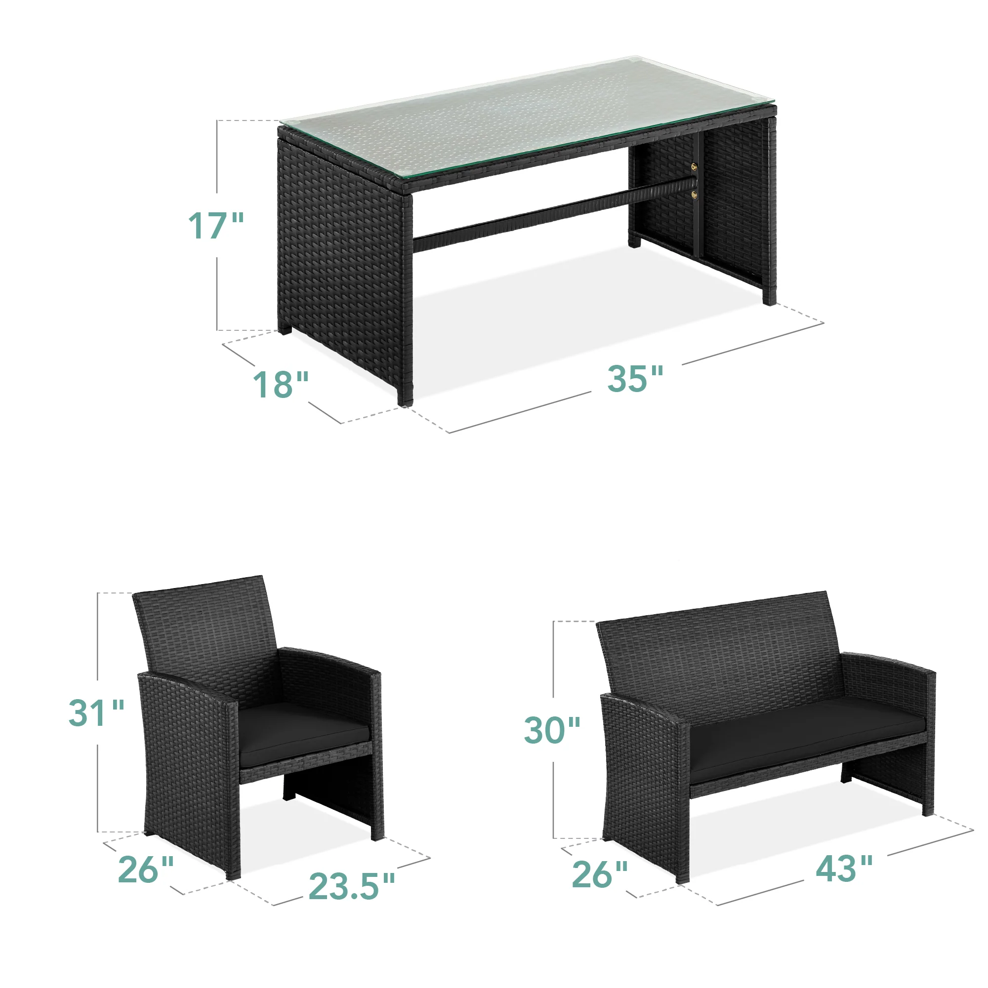 4-Piece Outdoor Wicker Conversation Patio Set w/ 4 Seats, Glass Table Top - Image 84