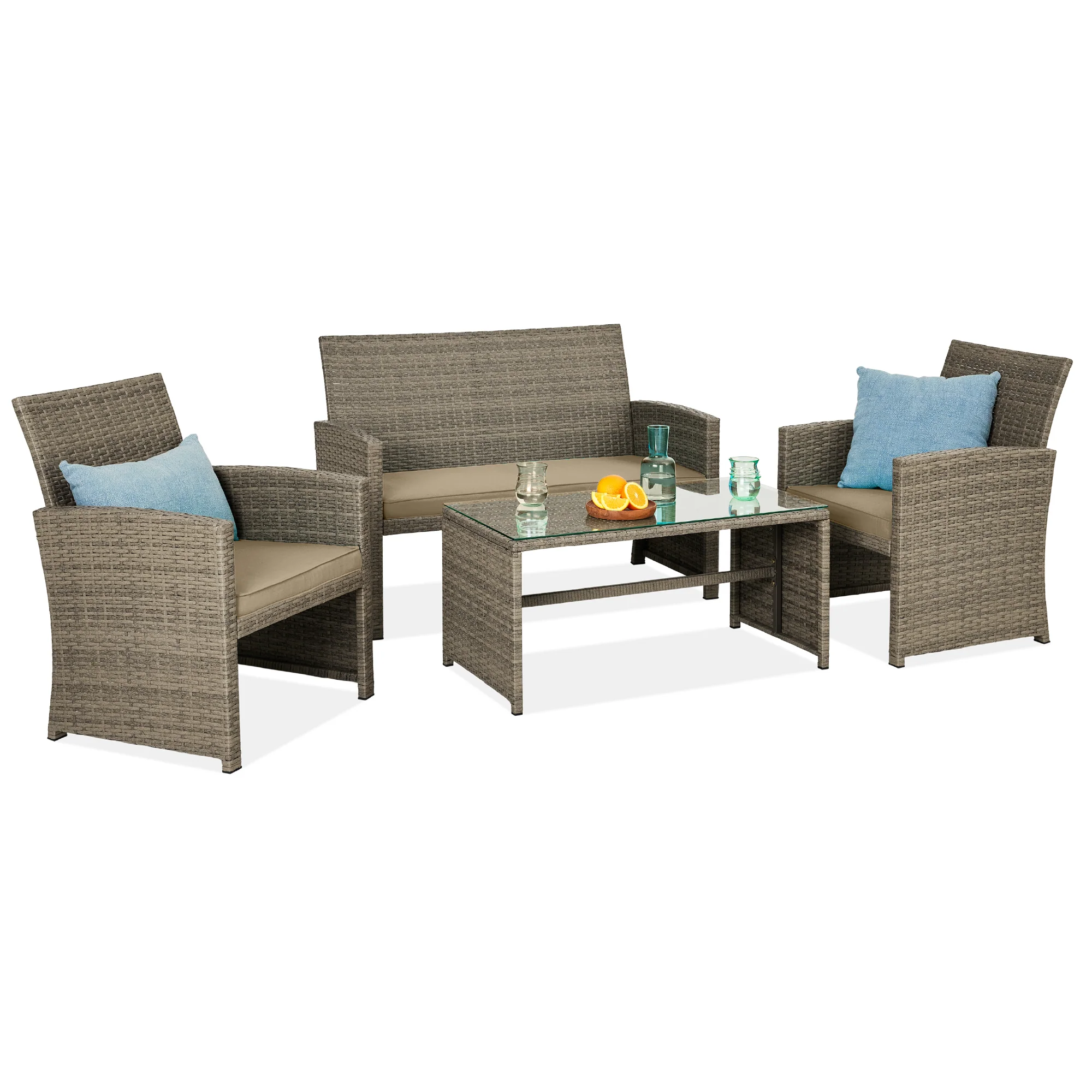 4-Piece Outdoor Wicker Conversation Patio Set w/ 4 Seats, Glass Table Top - Image 85