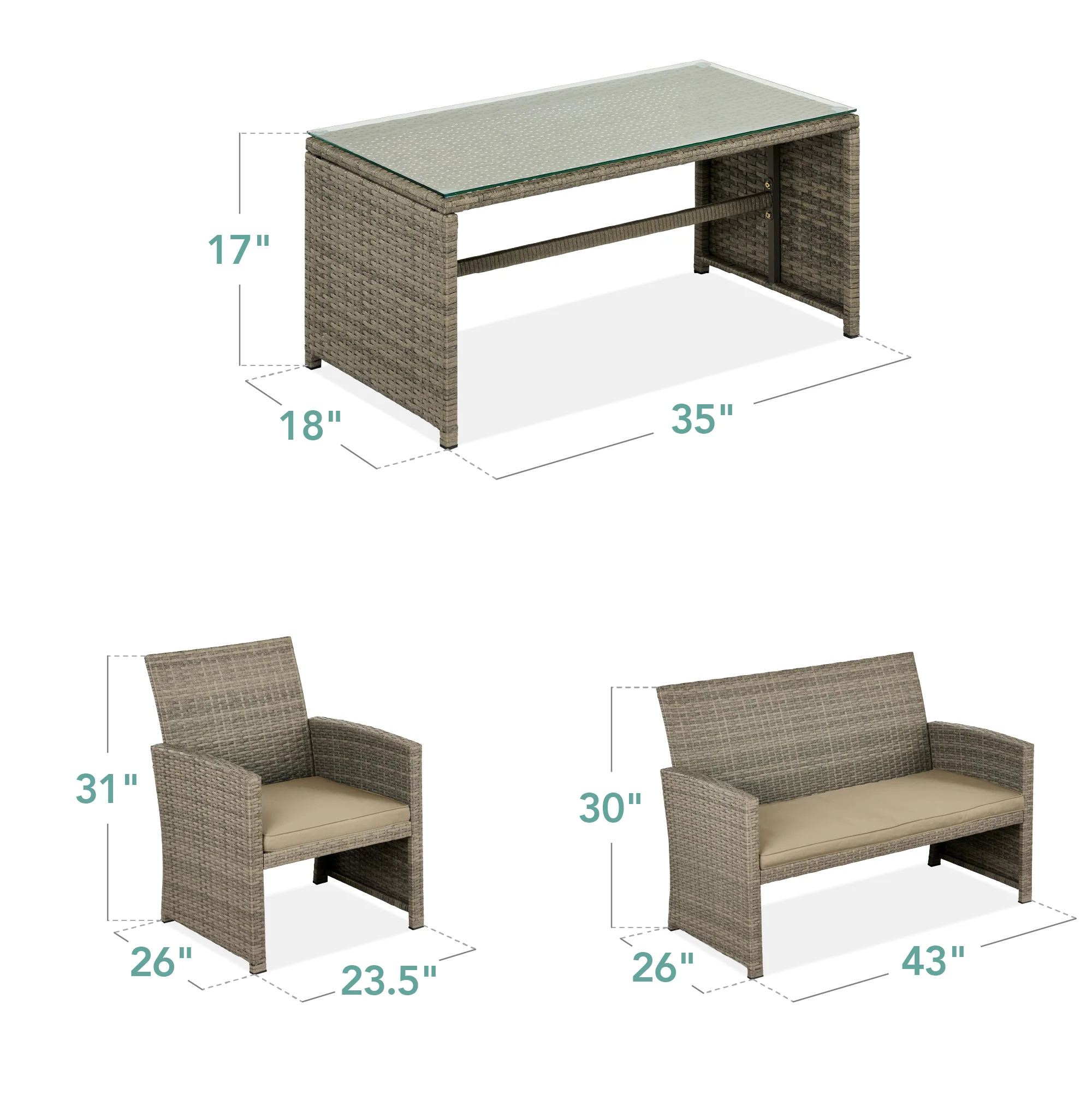 4-Piece Outdoor Wicker Conversation Patio Set w/ 4 Seats, Glass Table Top - Image 91