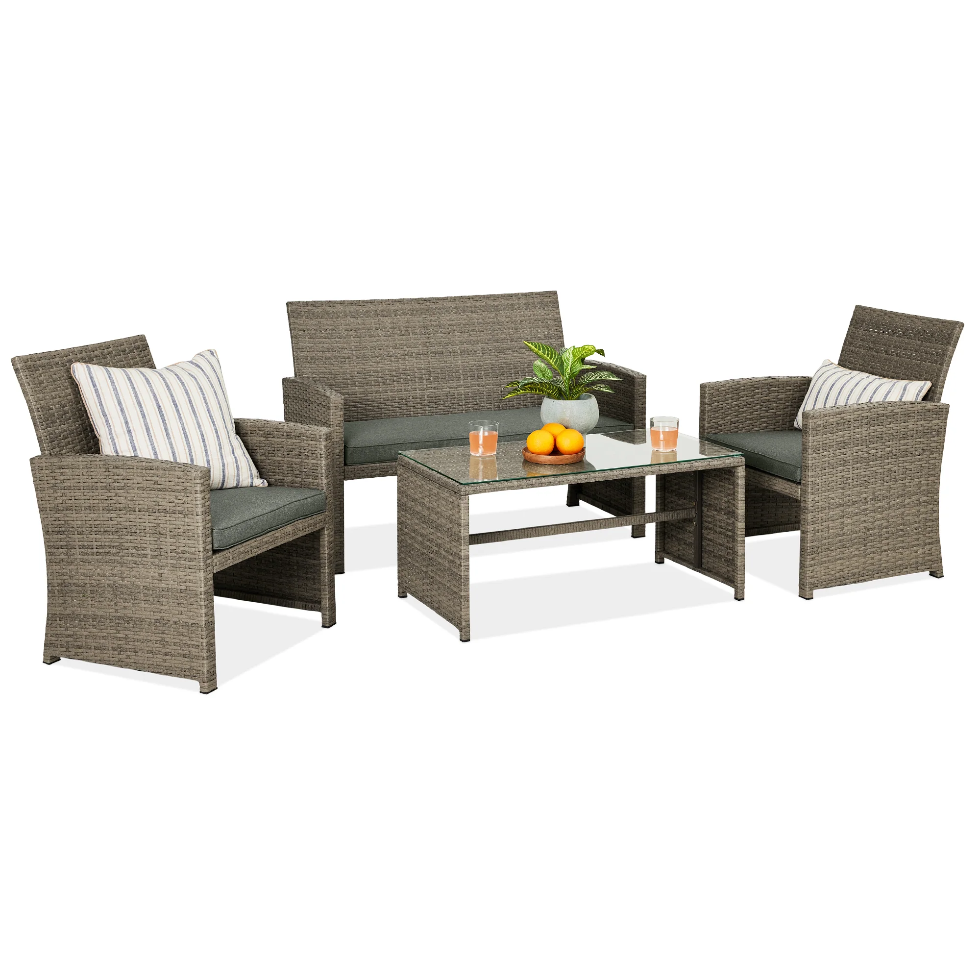 4-Piece Outdoor Wicker Conversation Patio Set w/ 4 Seats, Glass Table Top - Image 92