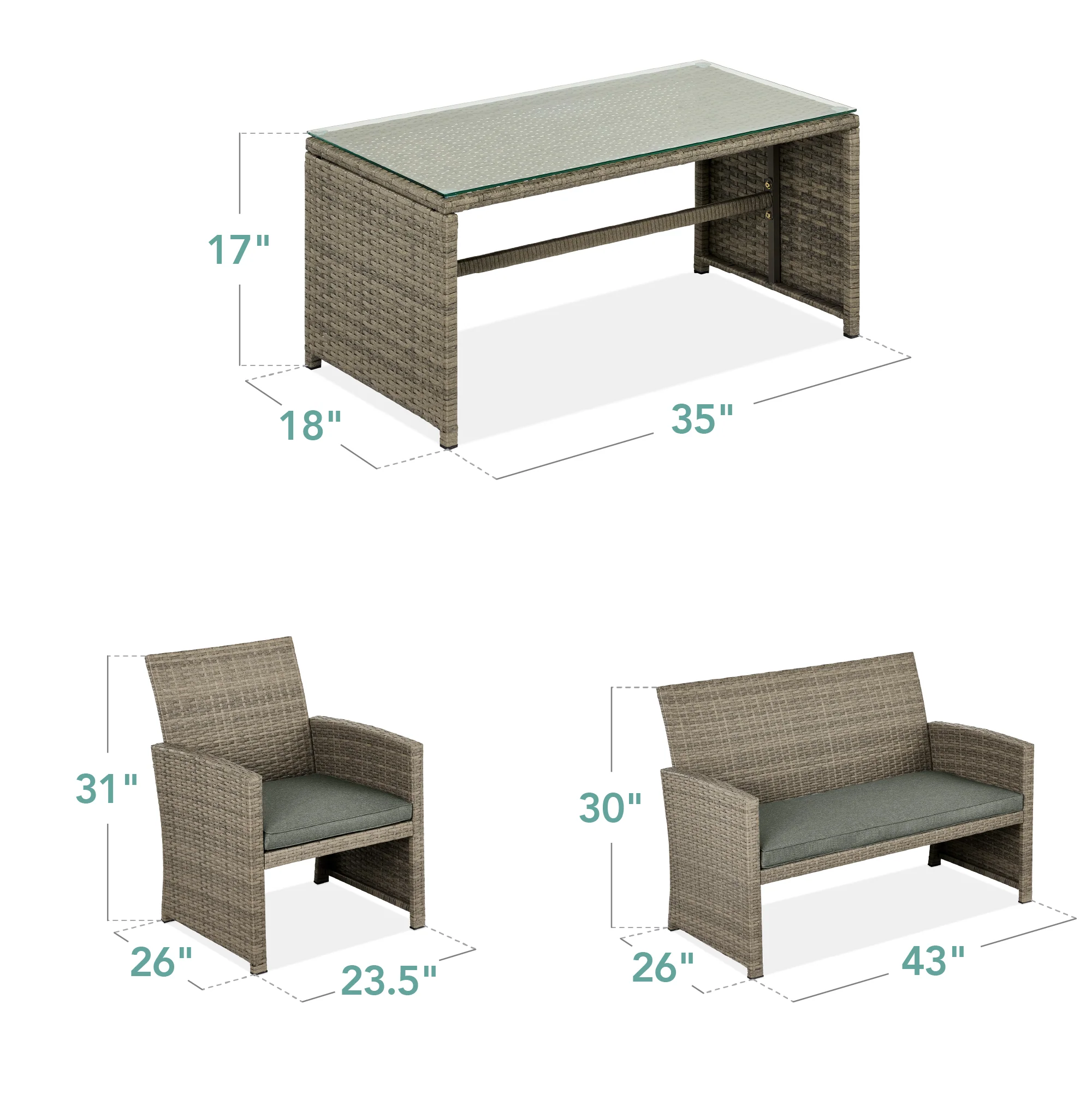 4-Piece Outdoor Wicker Conversation Patio Set w/ 4 Seats, Glass Table Top - Image 98