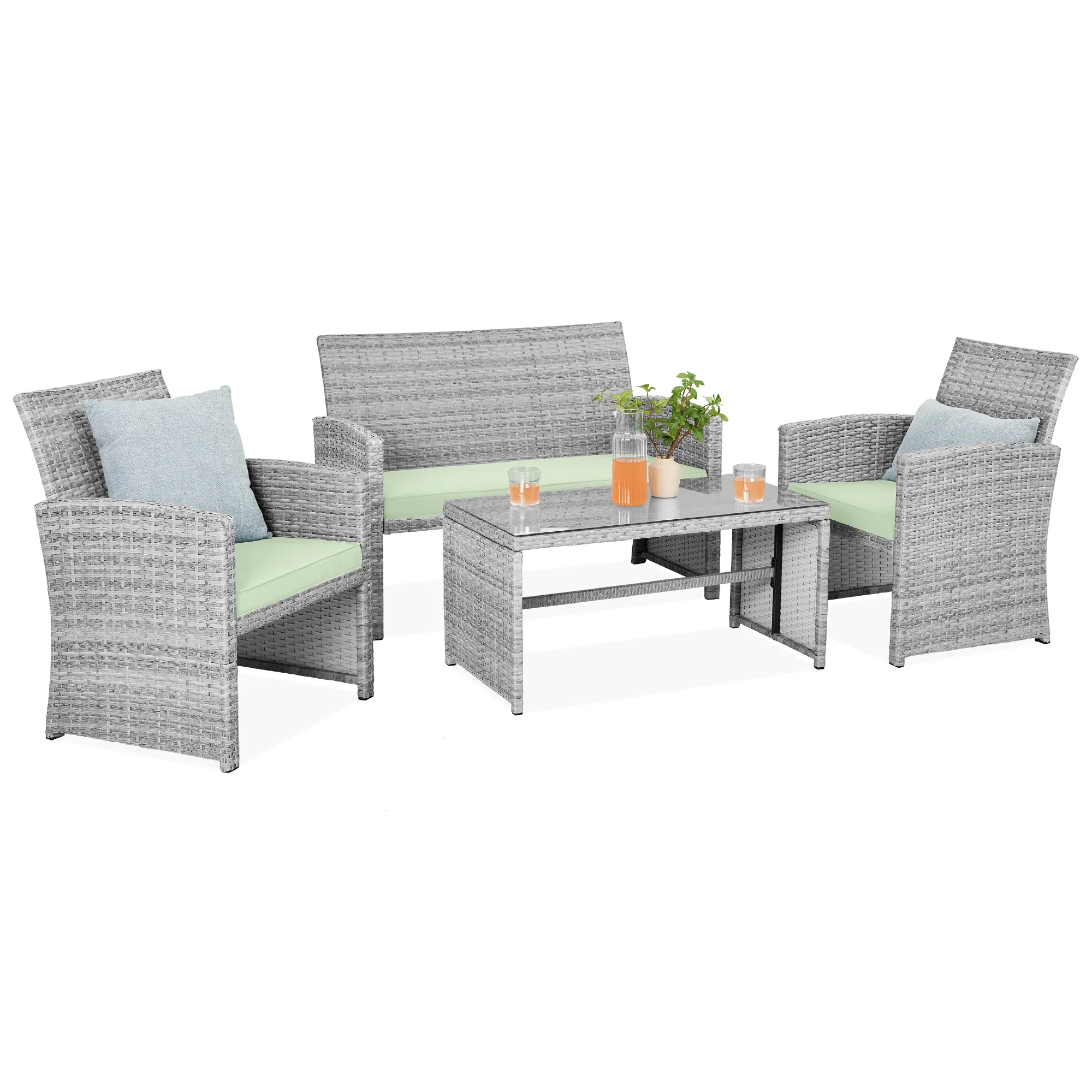 4-Piece Outdoor Wicker Conversation Patio Set w/ 4 Seats, Glass Table Top - Image 99