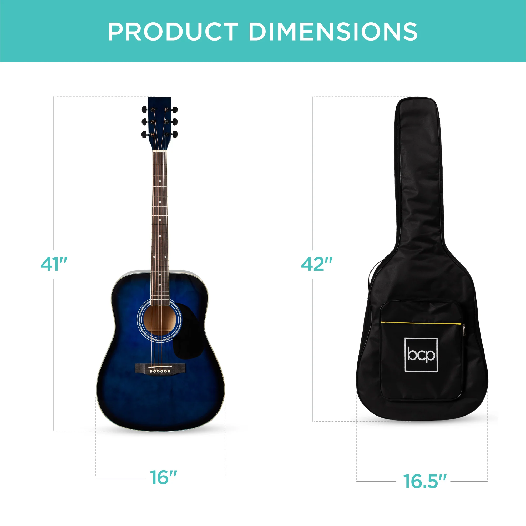 41in Acoustic Guitar Starter Kit w/ Digital Tuner, Padded Case, Picks, Strap - Image 32