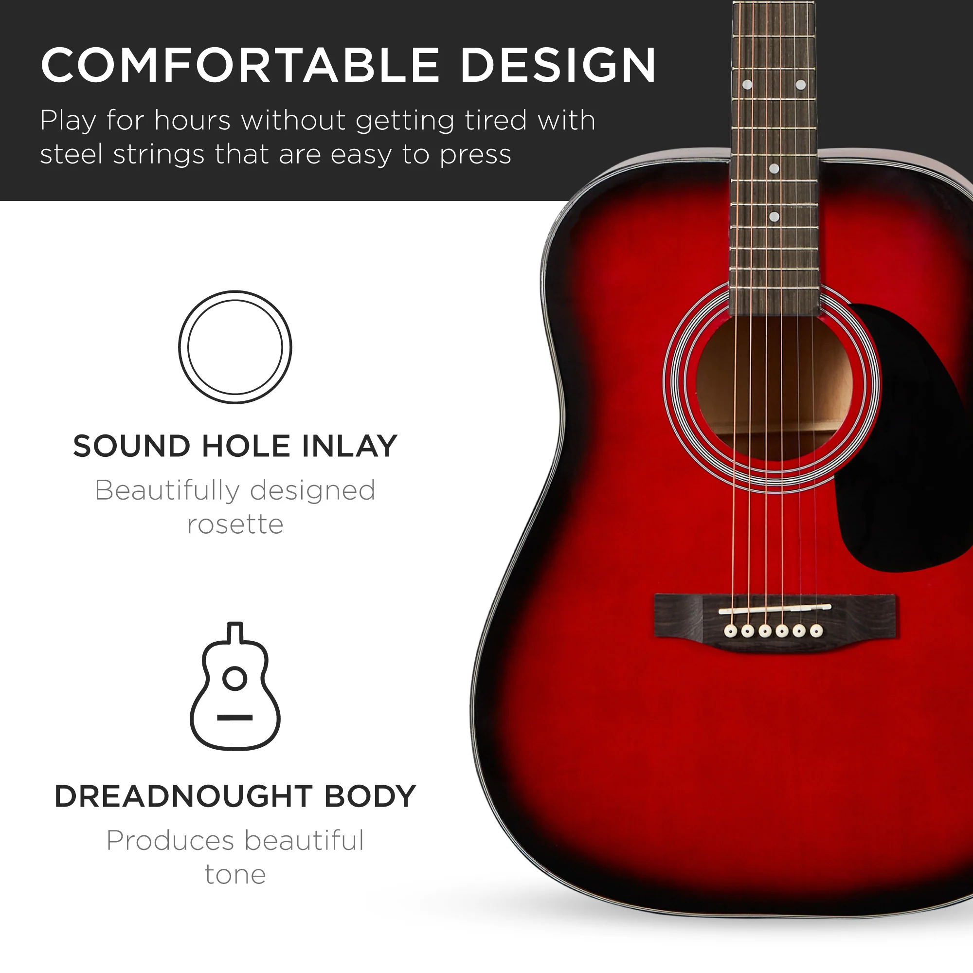 41in Acoustic Guitar Starter Kit w/ Digital Tuner, Padded Case, Picks, Strap - Image 46