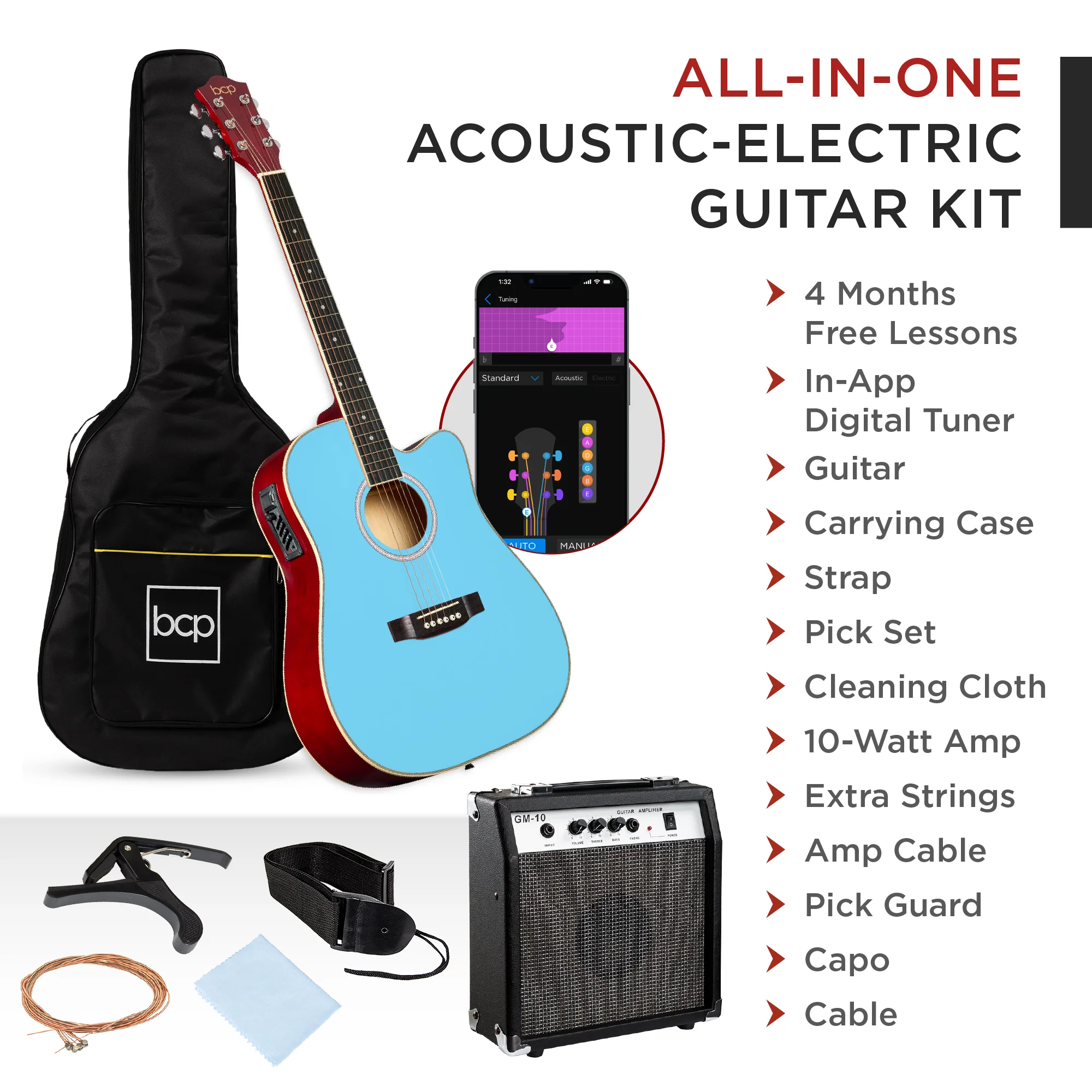 Beginner Acoustic Electric Cutaway Guitar Set w/ Gig Bag, Strap - 41in - Image 19