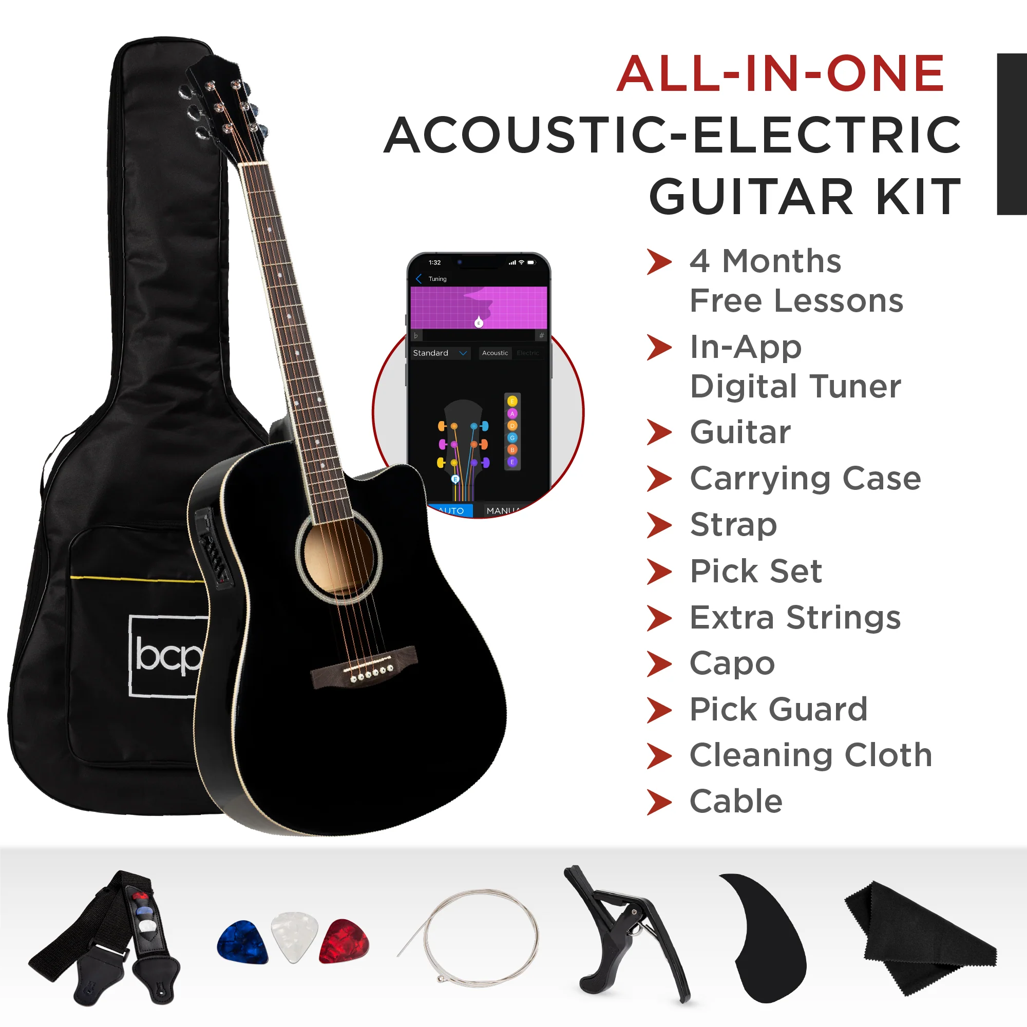 41in Beginner Acoustic Electric Cutaway Guitar Set w/ Case, Strap - Image 3