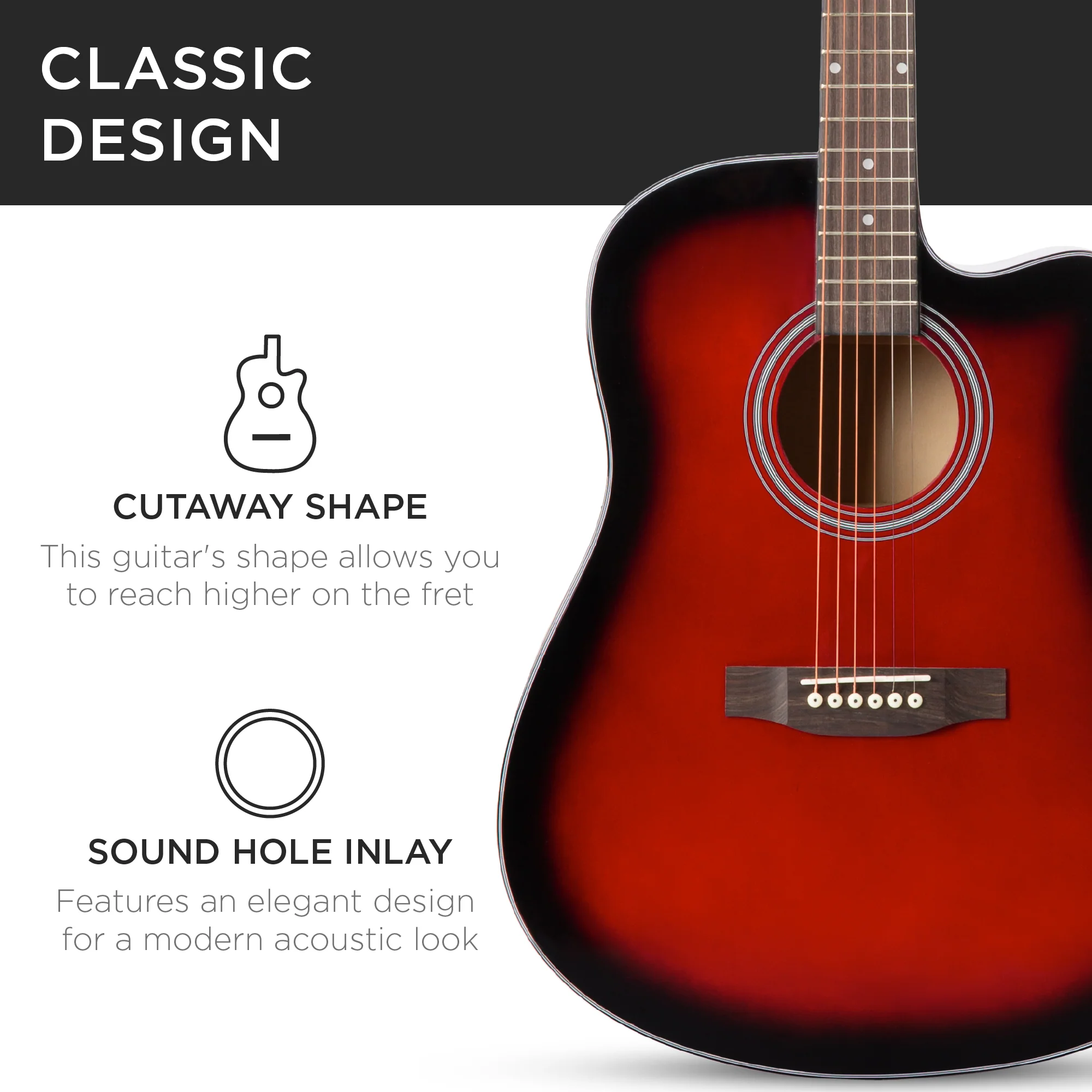 Full Size Beginner Acoustic Guitar Set with Case, Strap, Capo - 41in - Image 15