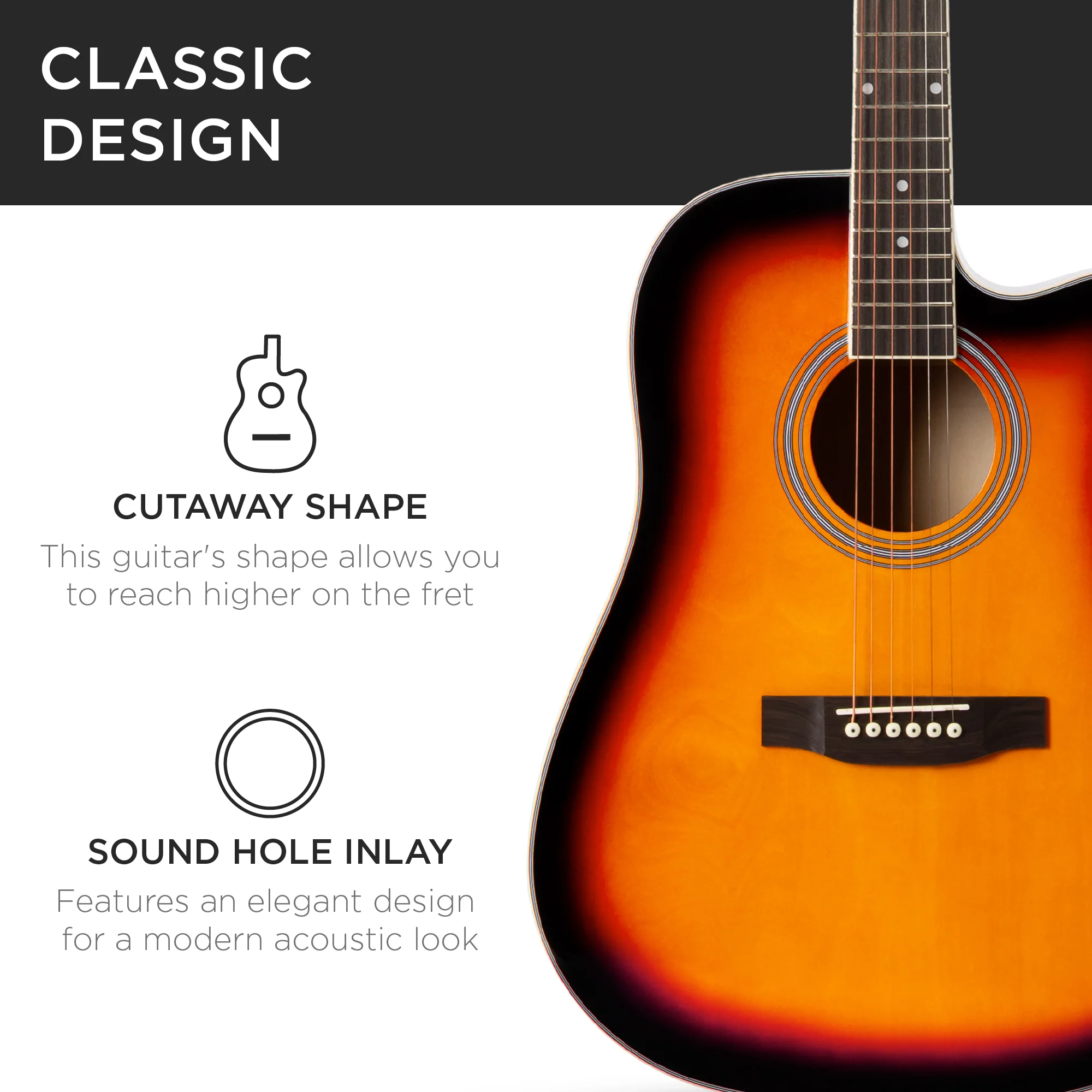 Full Size Beginner Acoustic Guitar Set with Case, Strap, Capo - 41in - Image 7