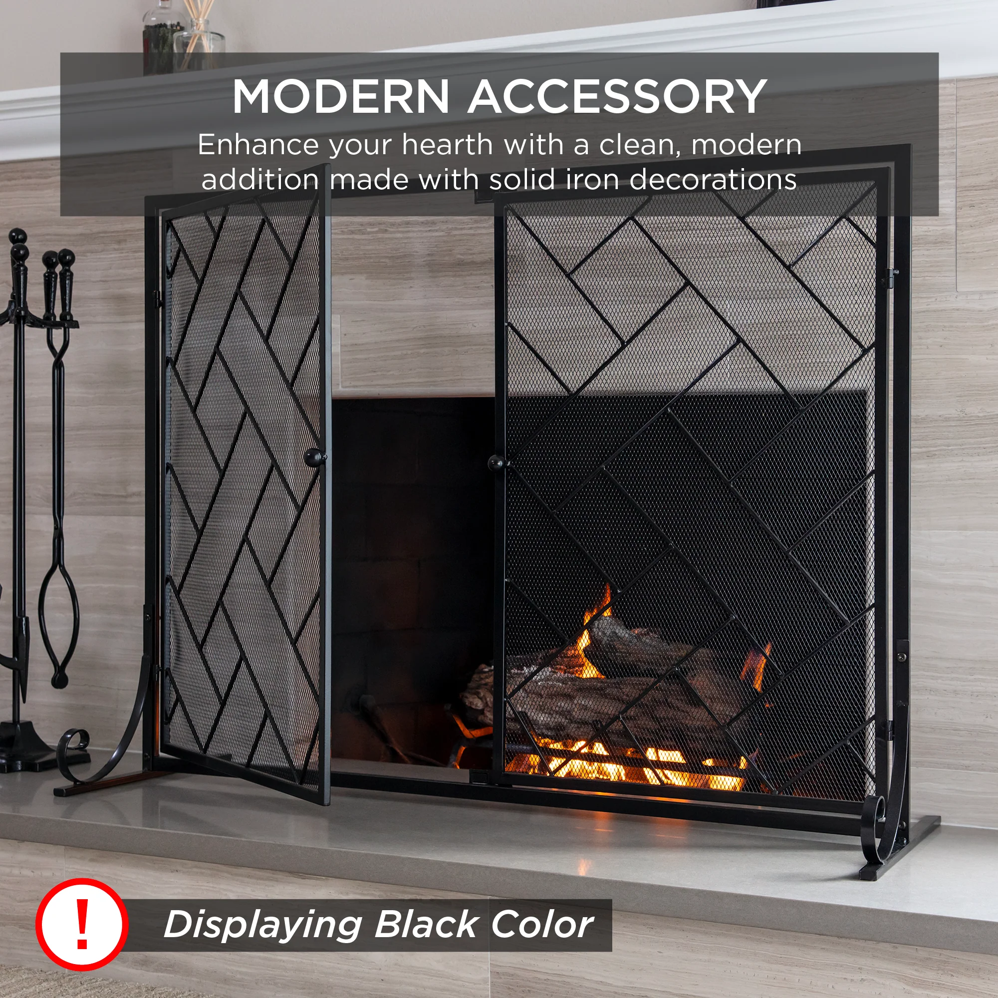 2-Panel Wrought Iron Geometric Fireplace Screen w/ Magnetic Doors - 44x33in - Image 10