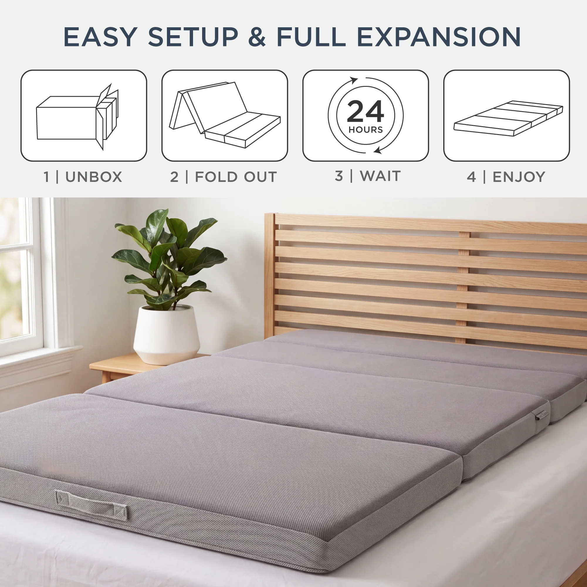 4in Portable Mattress Topper, Tri-Fold Mattress Pad - Gray - Image 13